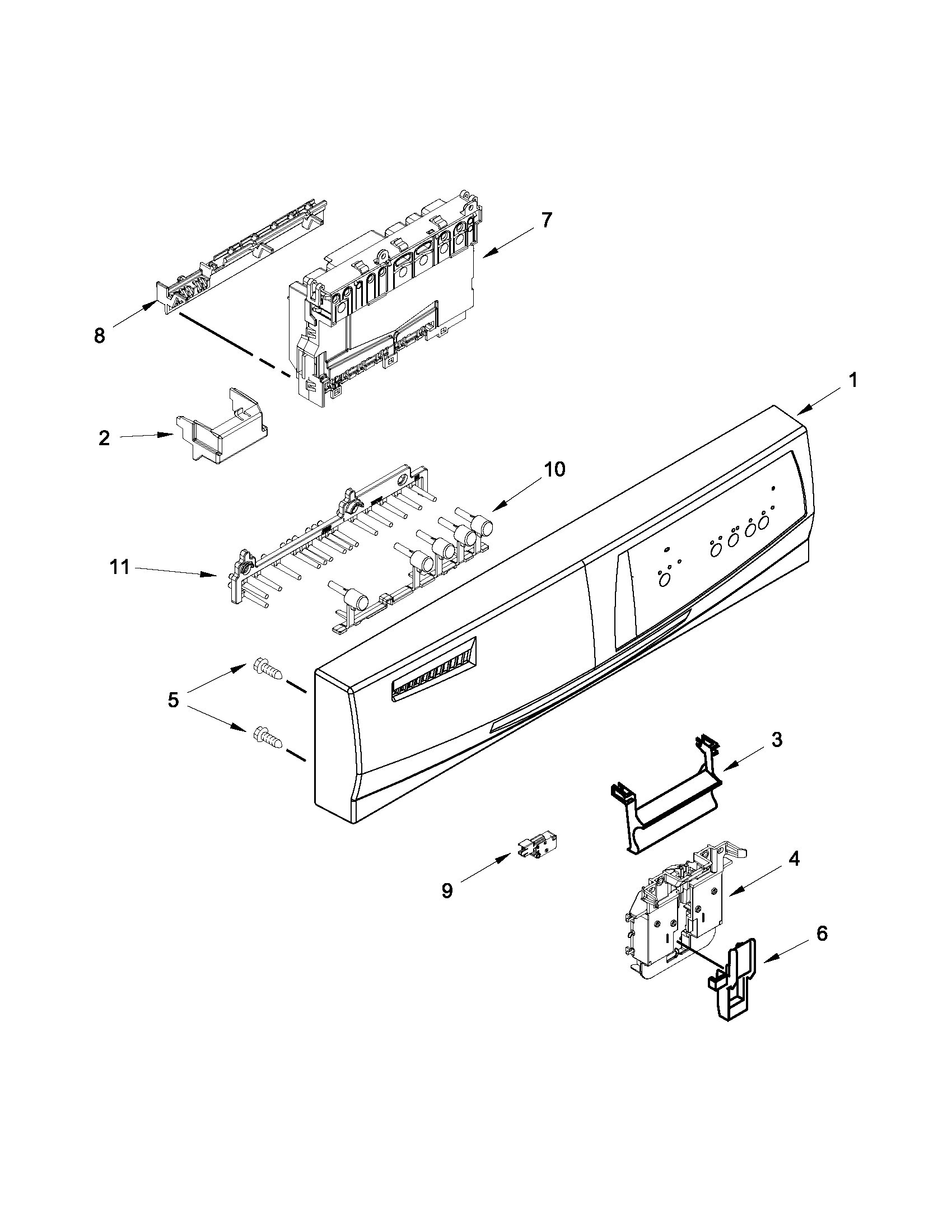 Whirlpool WDF310PAAB3 control panel and latch parts diagram