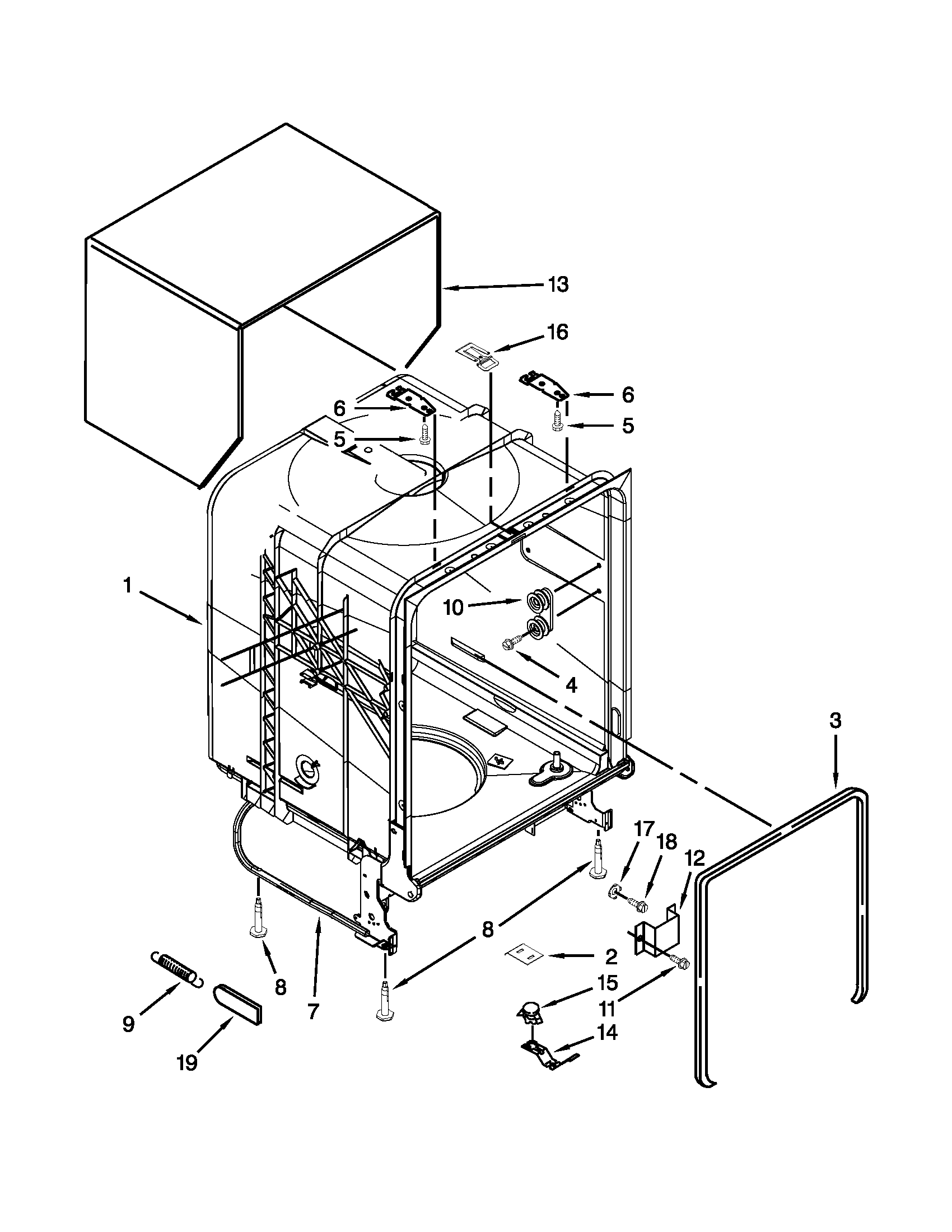 Whirlpool WDF310PAAB3 tub and frame parts diagram