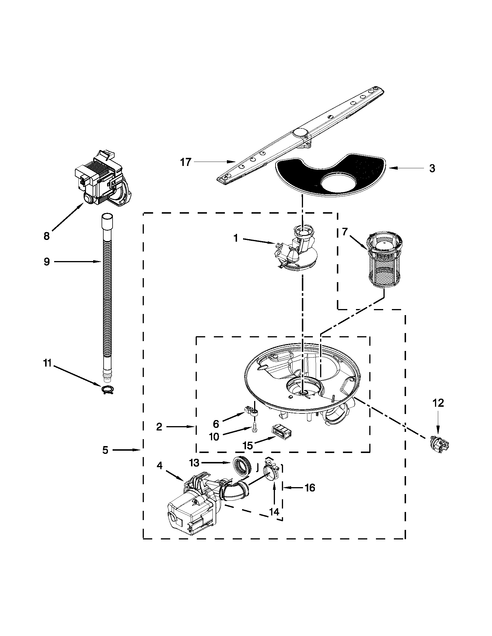 Whirlpool WDF310PAAB3 pump, washarm and motor parts diagram