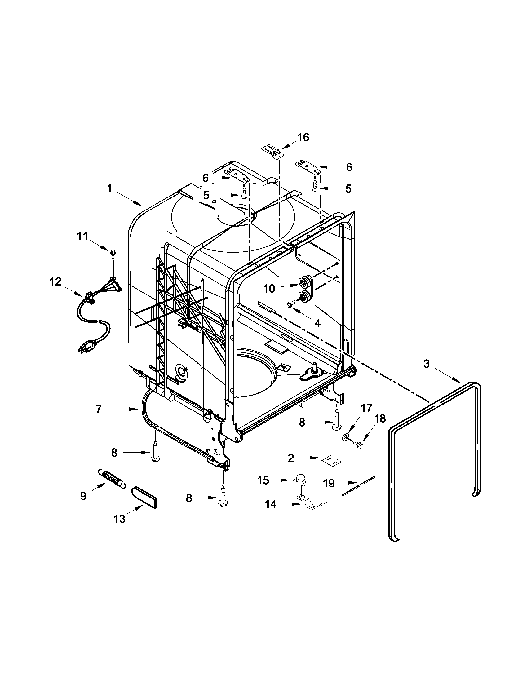 Whirlpool WDF111PABB0 tub and frame parts diagram