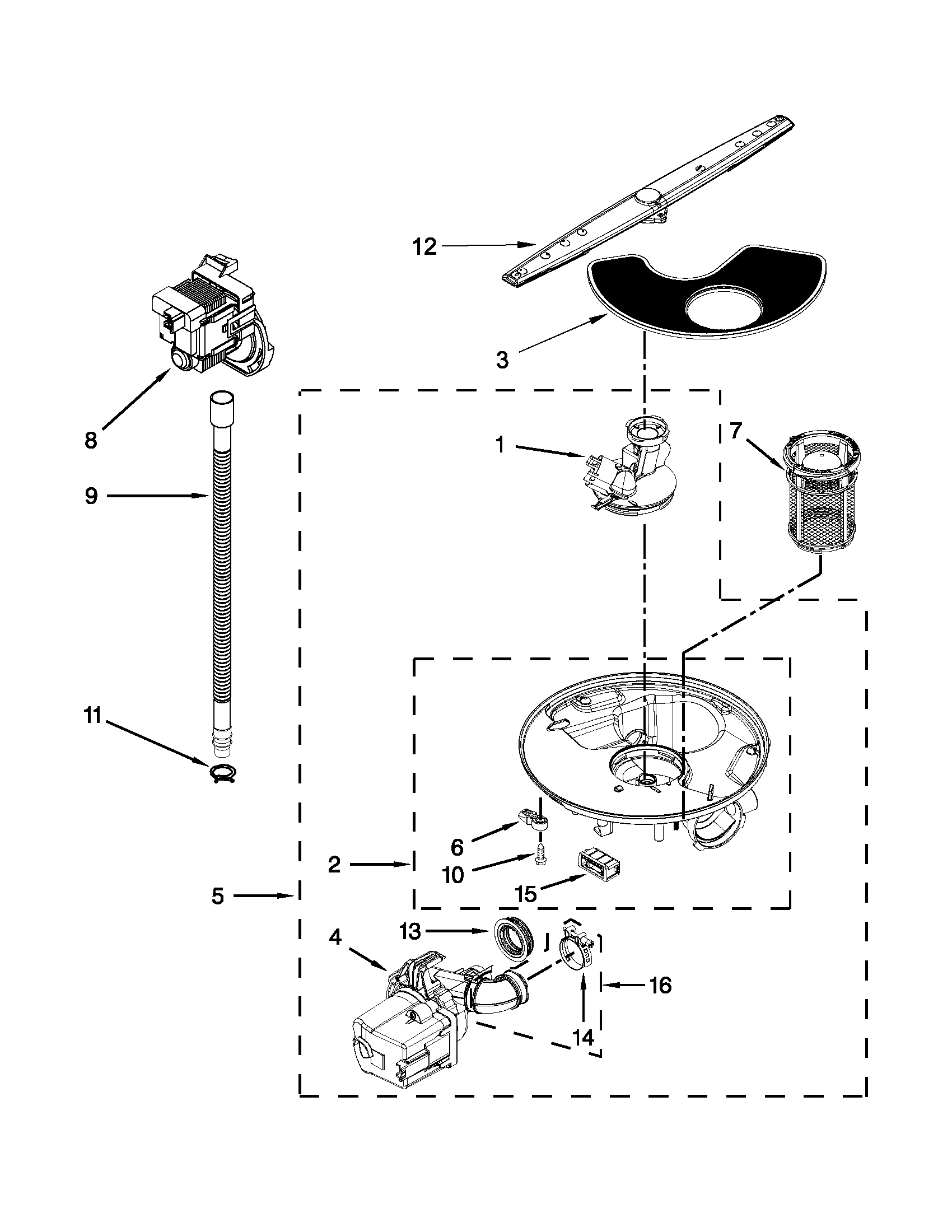 Whirlpool WDF111PABB0 pump, washarm and motor parts diagram