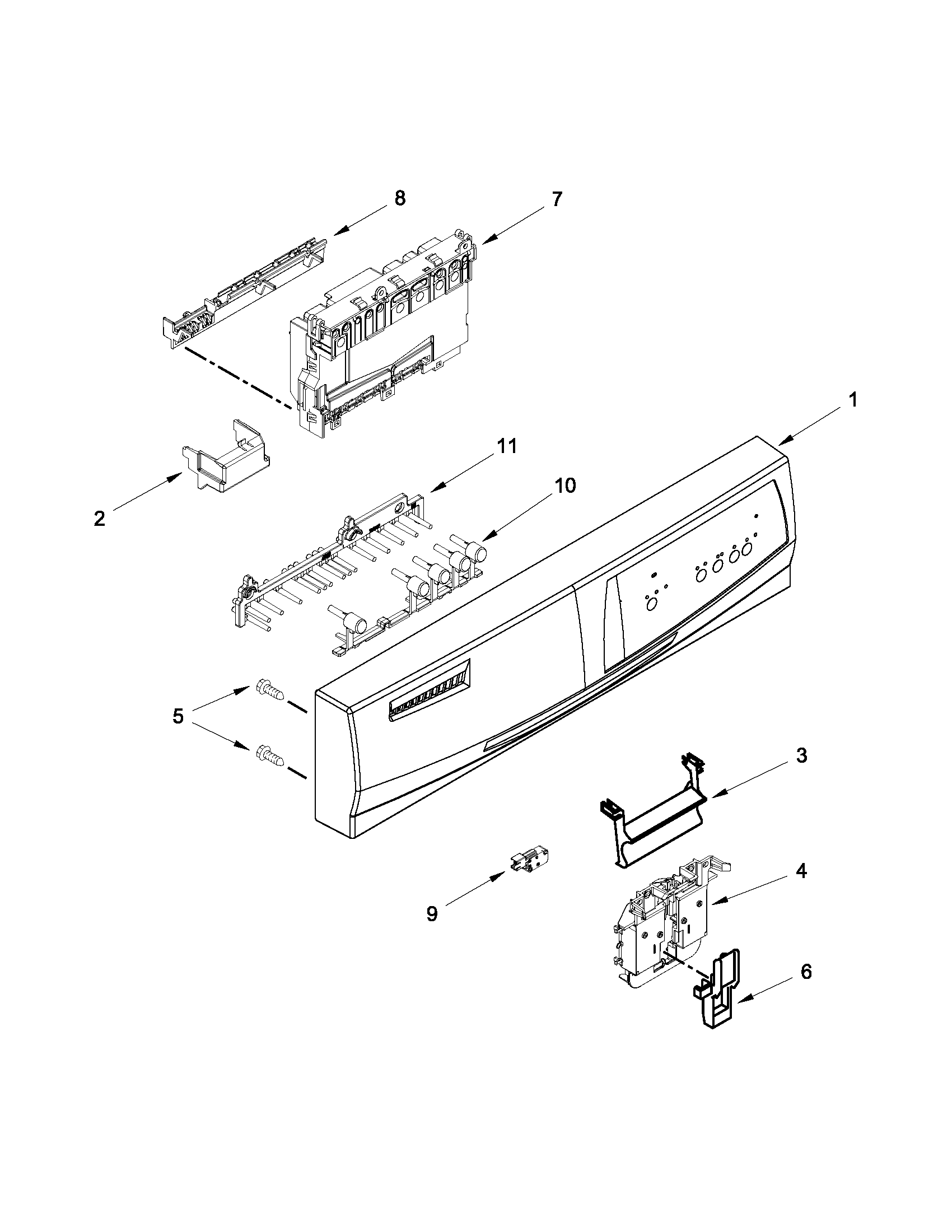 Whirlpool WDF110PABB1 control panel and latch parts diagram