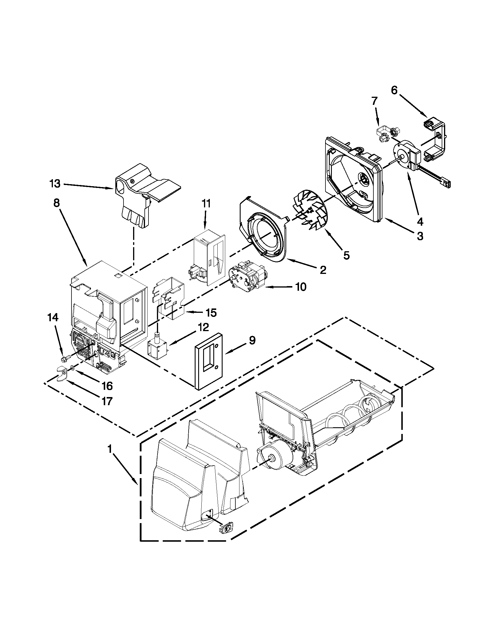 Jenn-Air JFX2597AEP2 motor and ice container parts diagram
