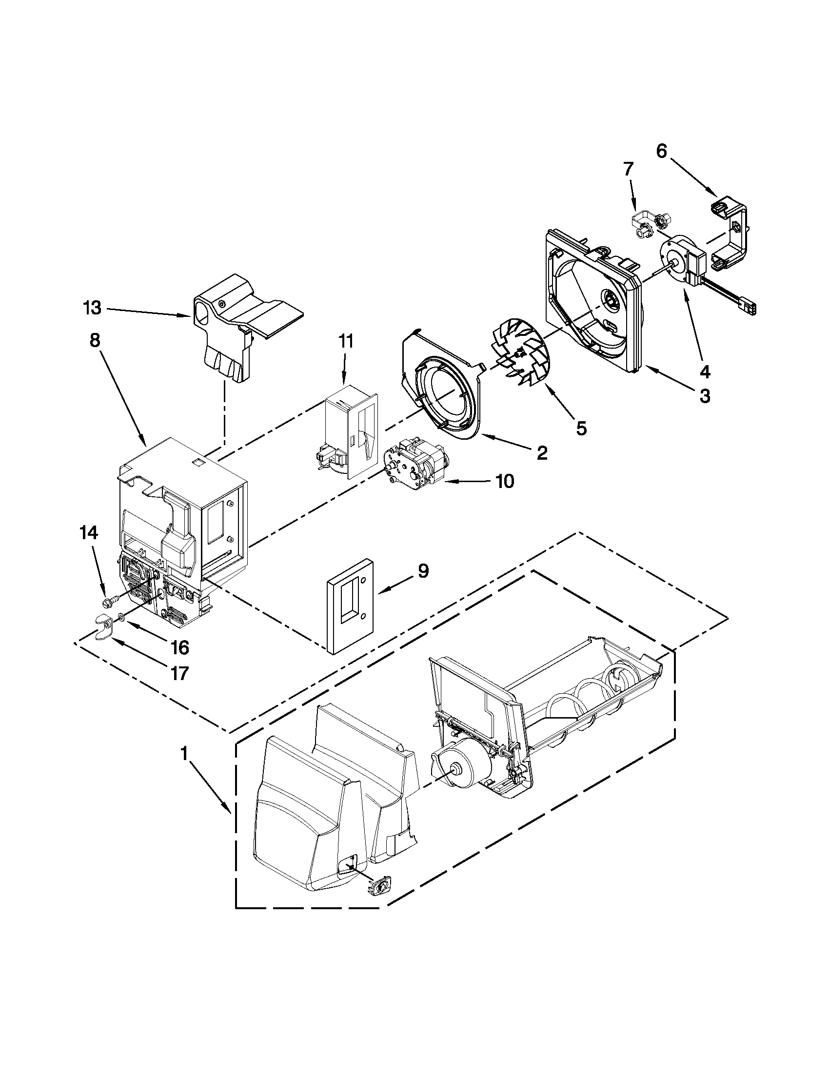 Jenn-Air JFI2089WES8 motor and ice container parts diagram