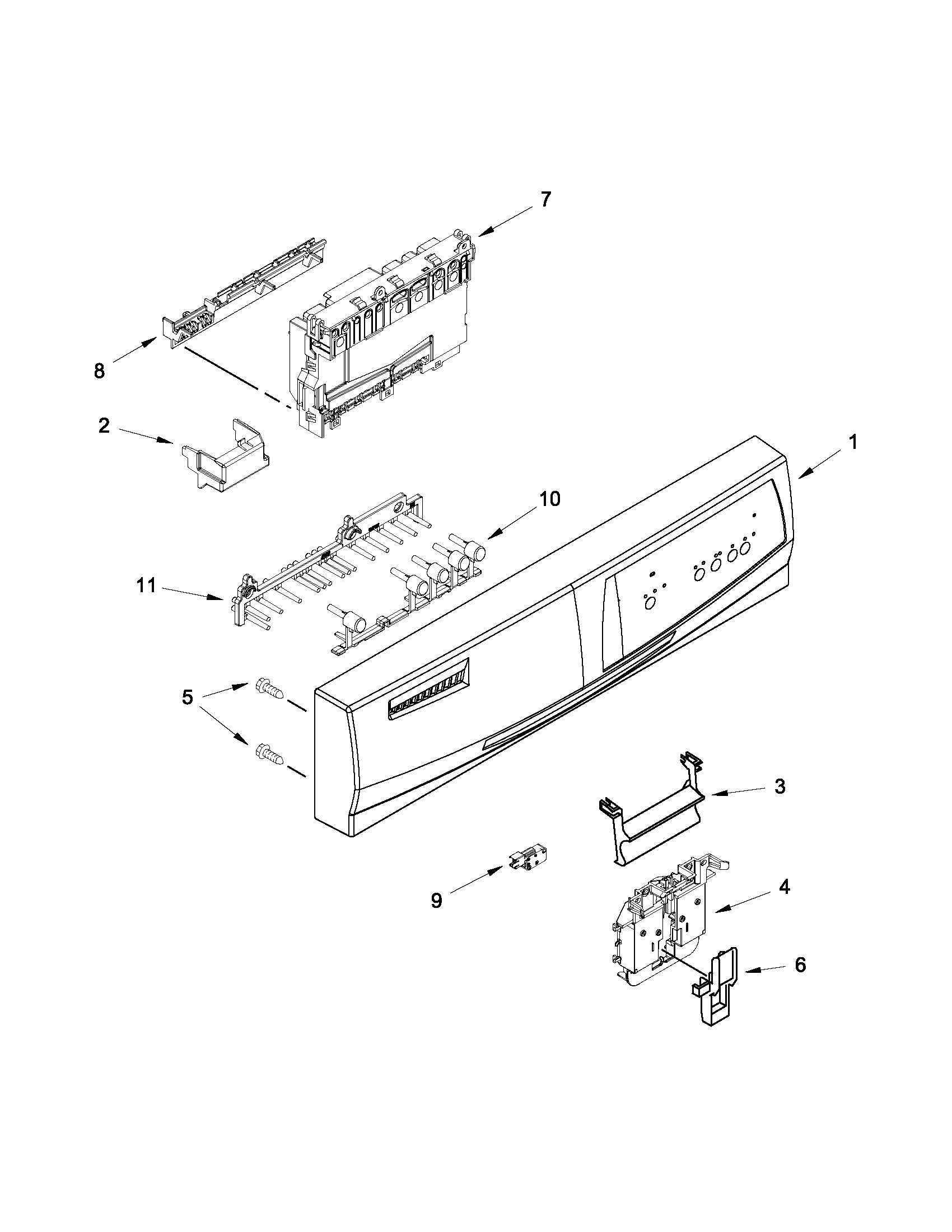 Whirlpool WDF310PLAT3 control panel and latch parts diagram