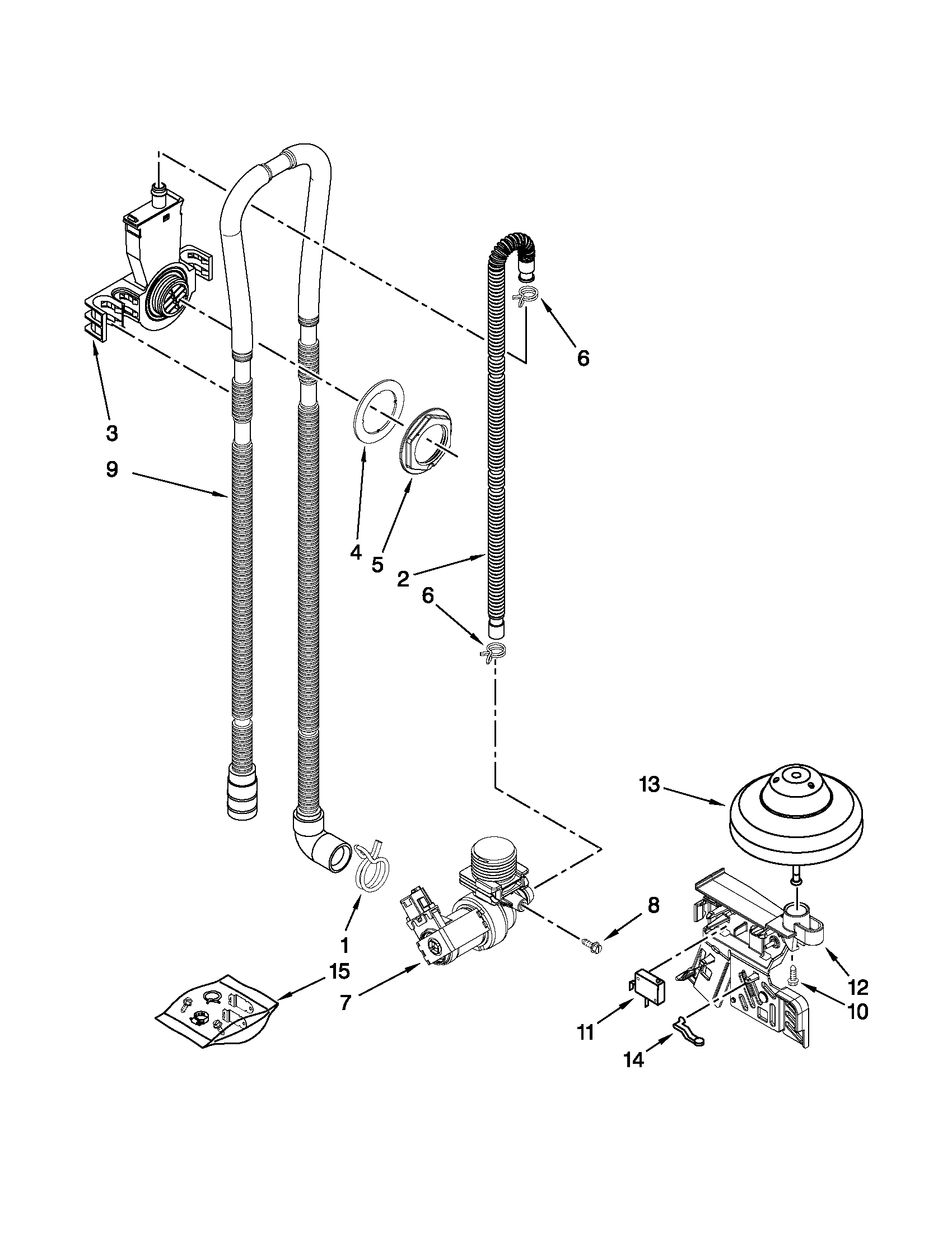 Whirlpool WDF510PAYD8 fill, drain and overfill parts diagram