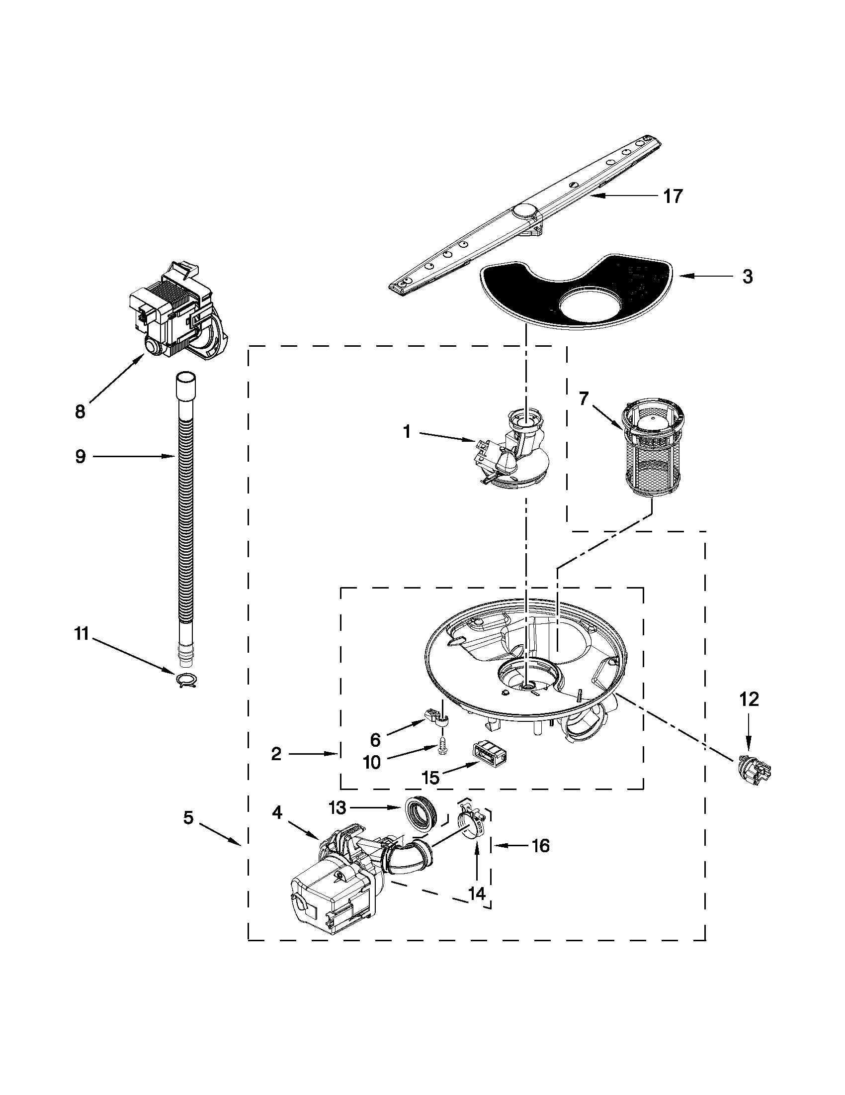 Whirlpool WDF510PAYD8 pump, washarm and motor parts diagram