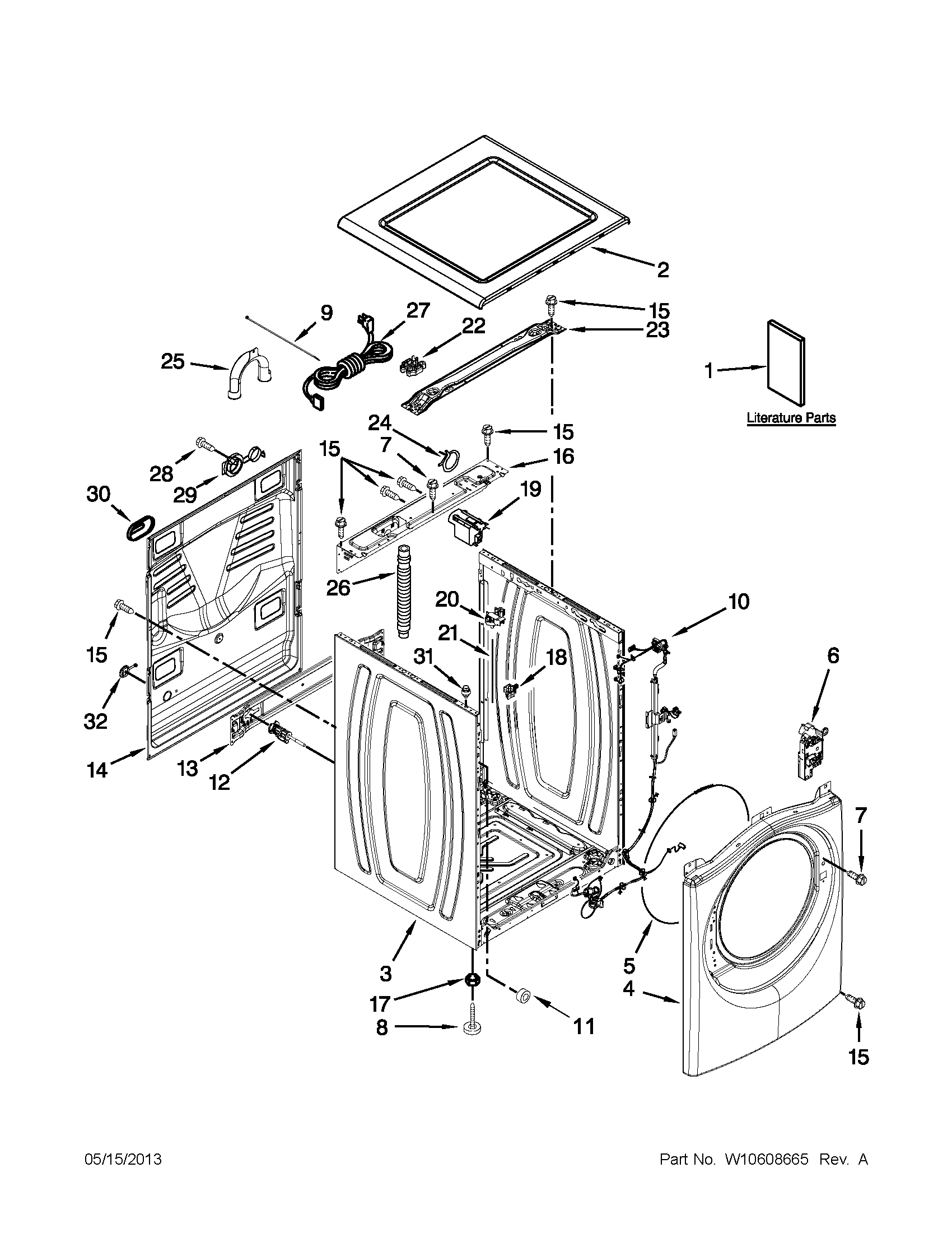 Whirlpool WFW80HEBC1 top and cabinet parts diagram