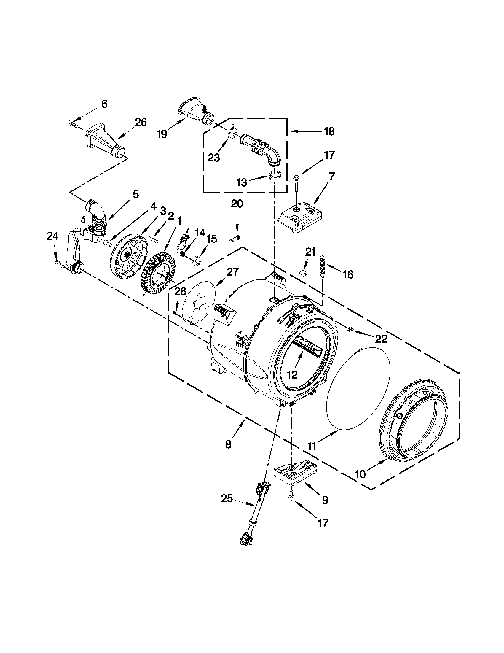Whirlpool WFW80HEBC1 tub and basket parts diagram