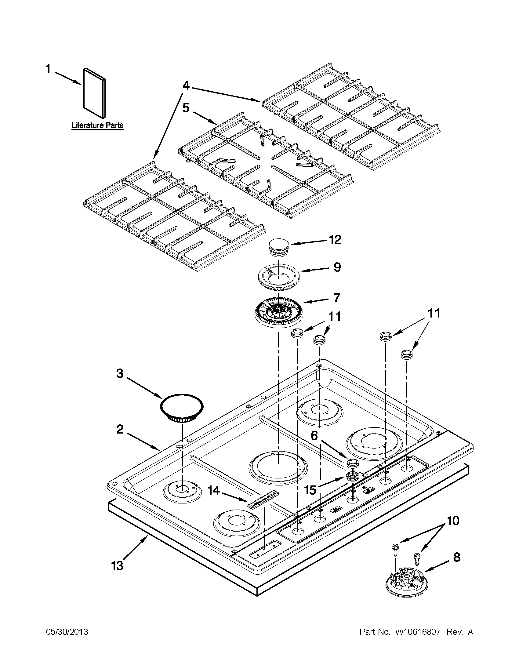KitchenAid KFGU706VSS03 cooktop, burner and grate parts diagram