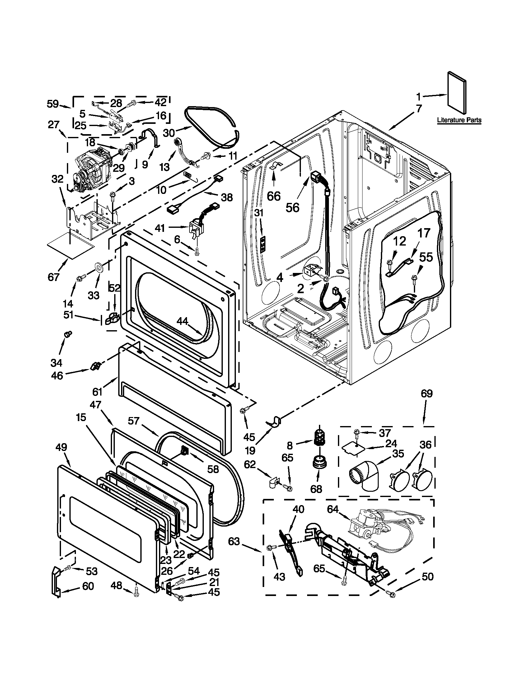 Maytag MLG24PDAXW3 lower cabinet and front panel parts diagram