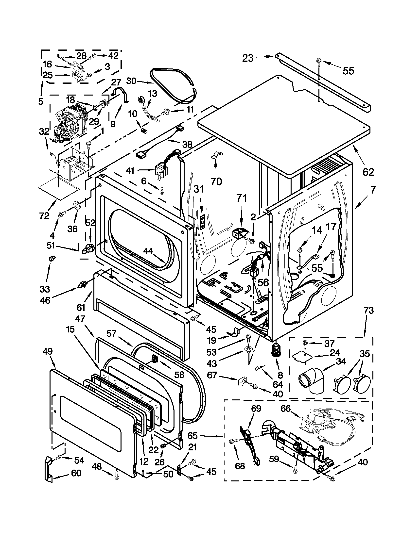 Maytag MLG24PDAXW3 upper cabinet and front panel parts diagram