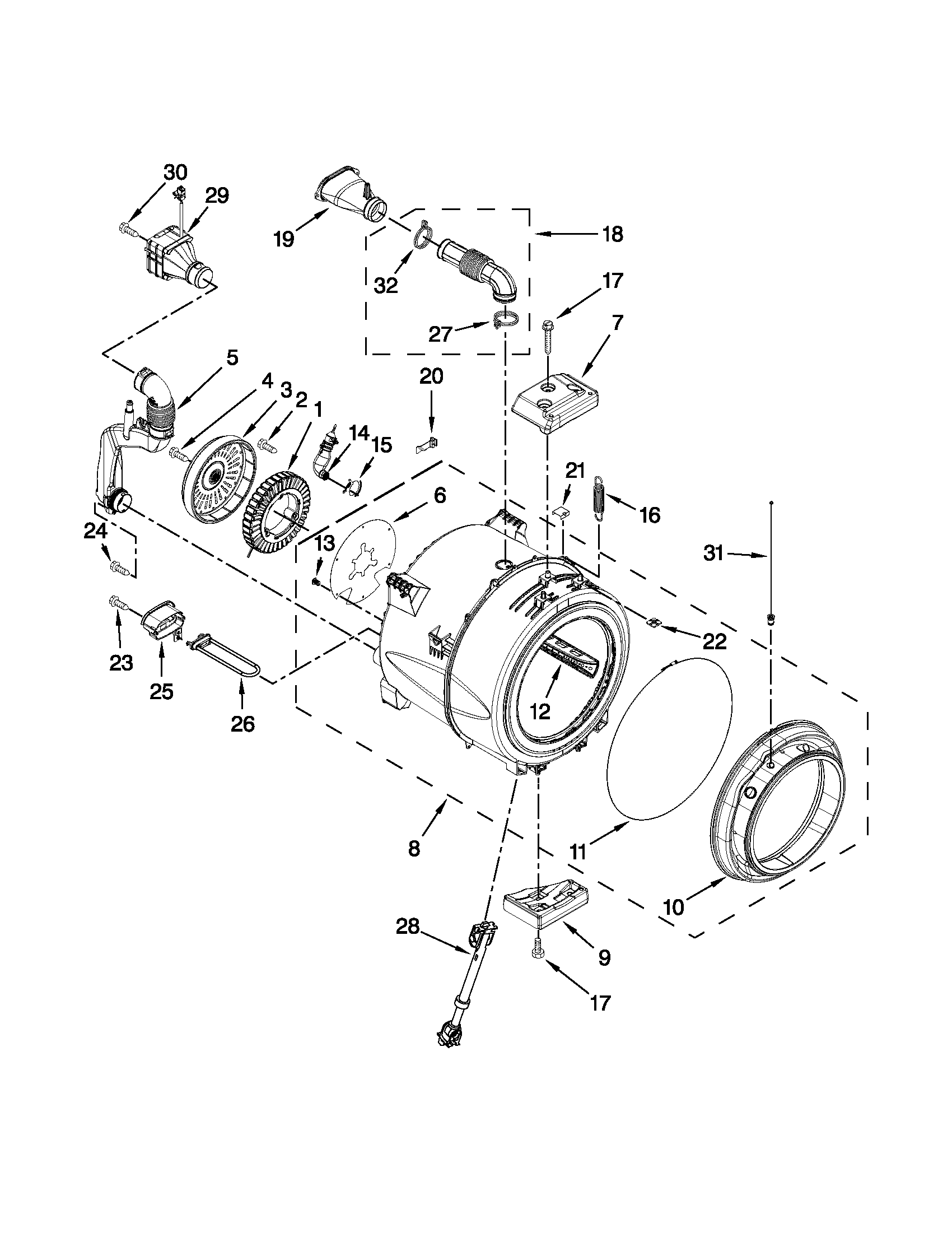 Whirlpool 7MWFW95HEYL0 tub and basket parts diagram
