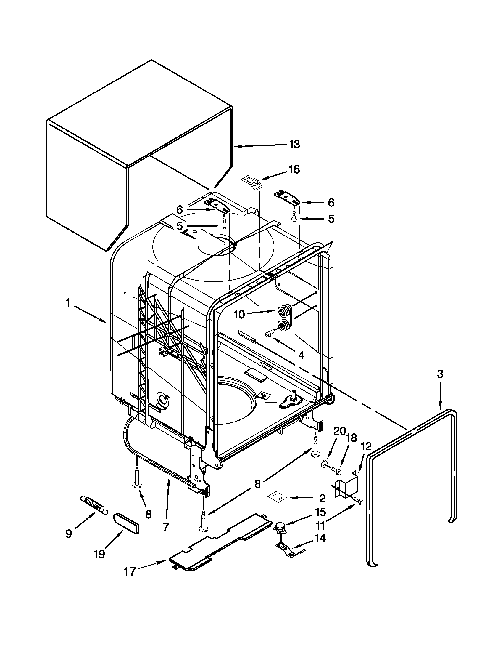 Whirlpool WDF530PAYW6 tub and frame parts diagram