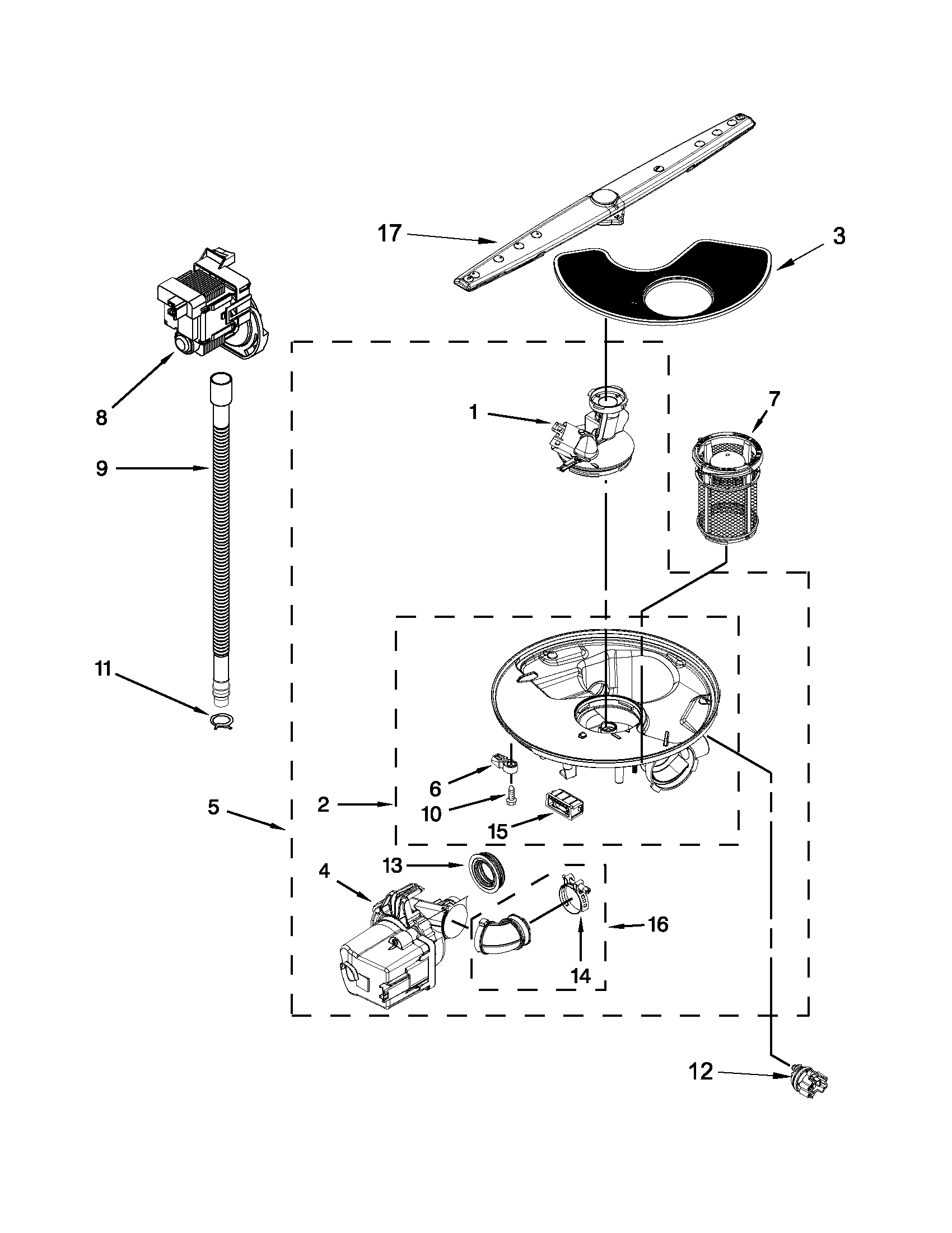 Whirlpool WDF530PAYW6 pump, washarm and motor parts diagram