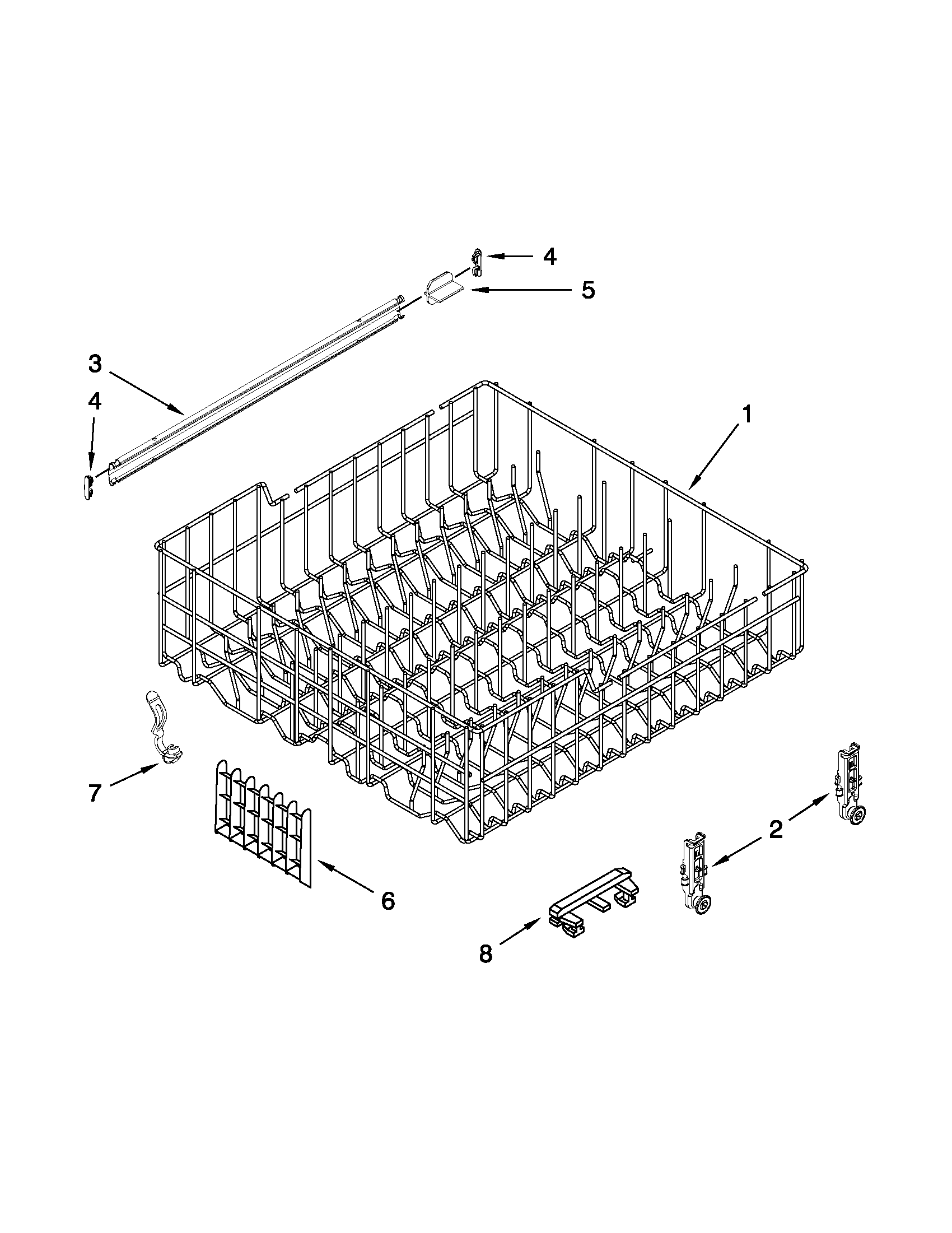 Whirlpool WDF530PAYW6 upper rack and track parts diagram