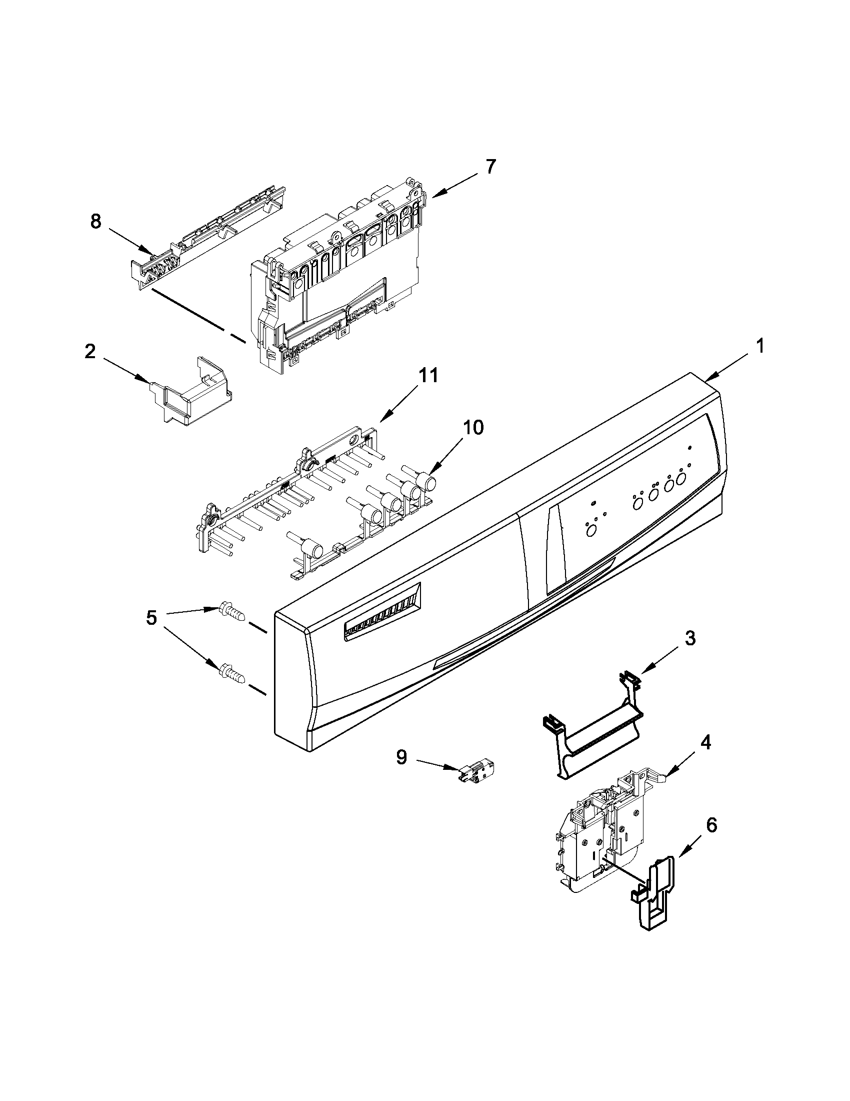 Whirlpool WDP350PAAB3 control panel and latch parts diagram