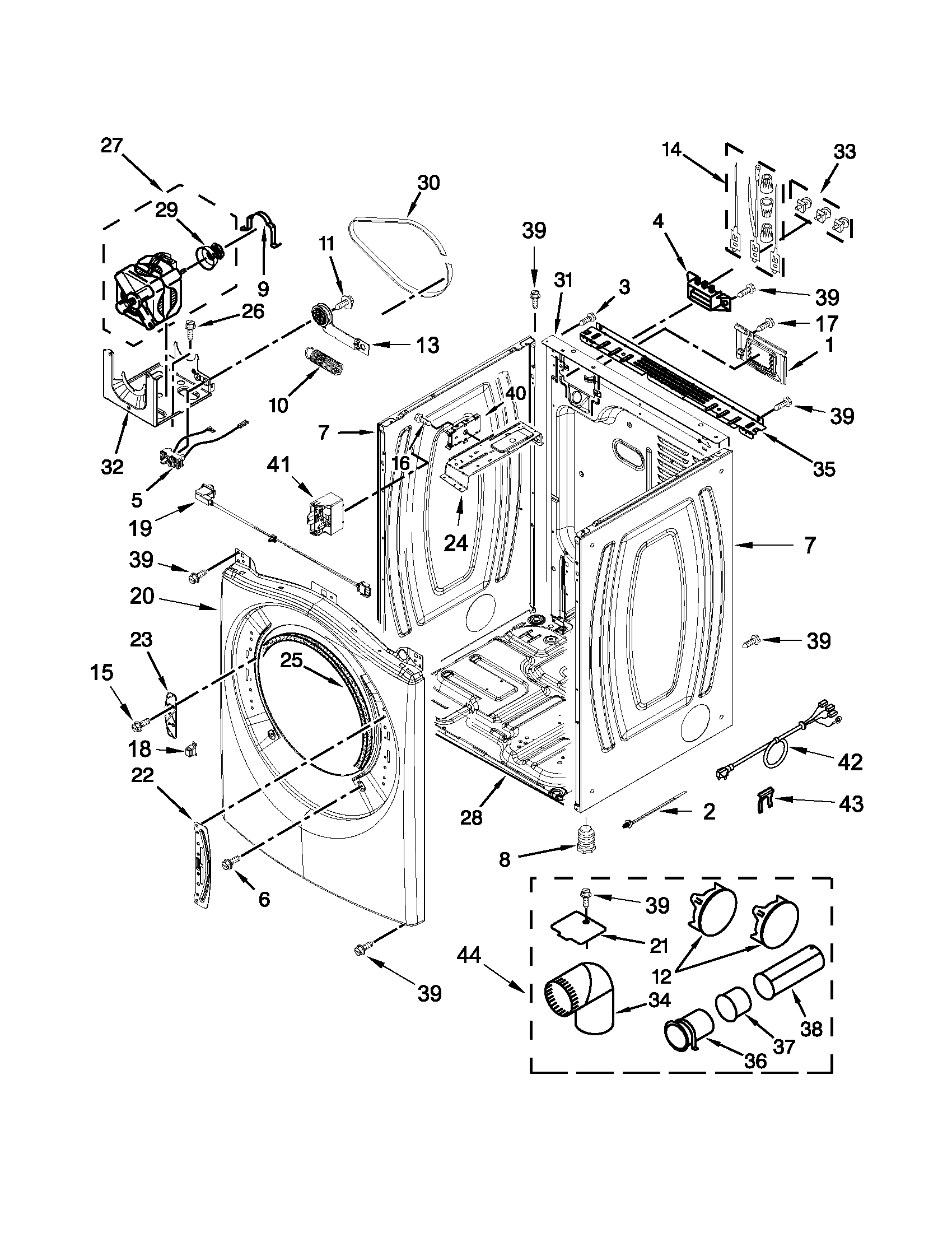 Whirlpool YWED97HEXL1 cabinet parts diagram