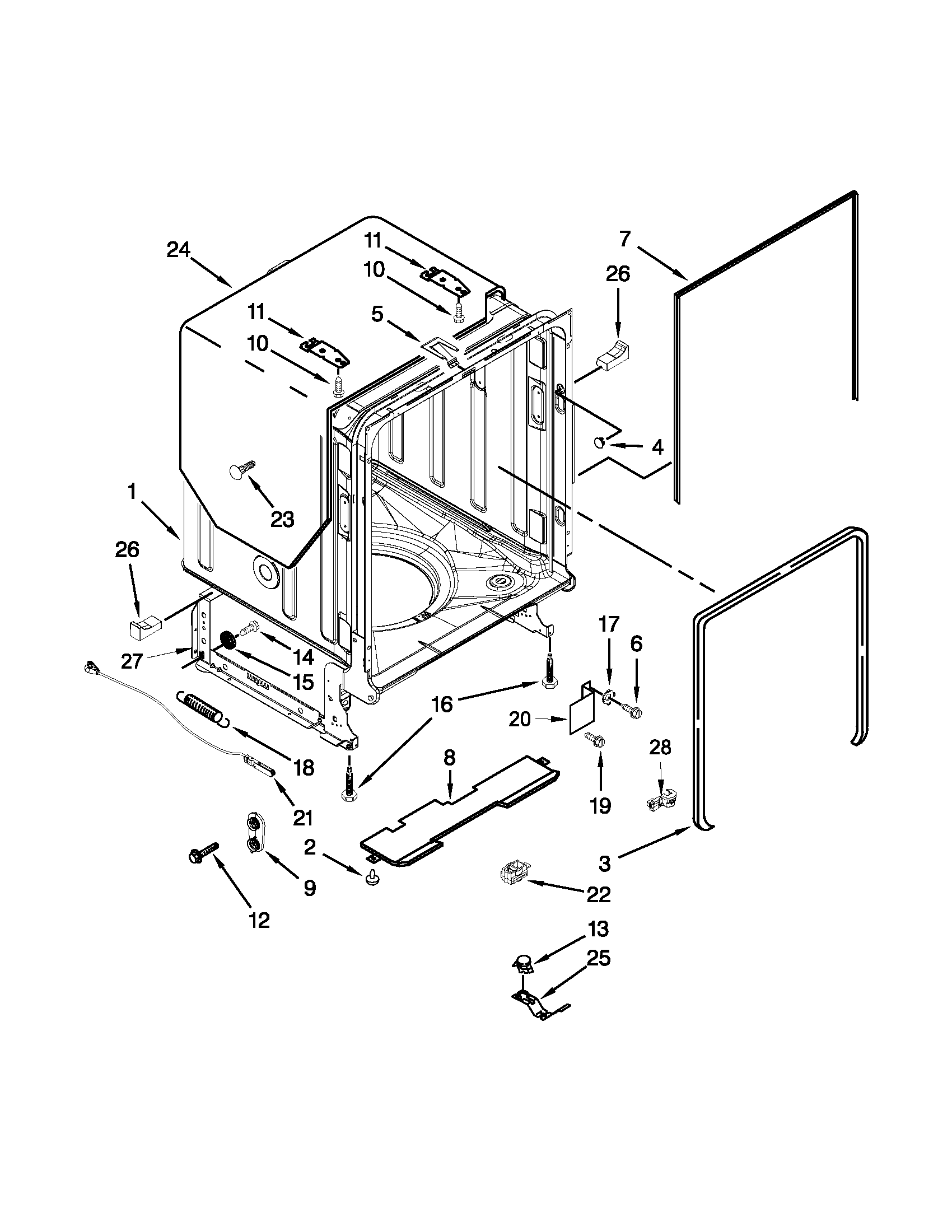 Jenn-Air JDB8500AWY2 tub and frame parts diagram