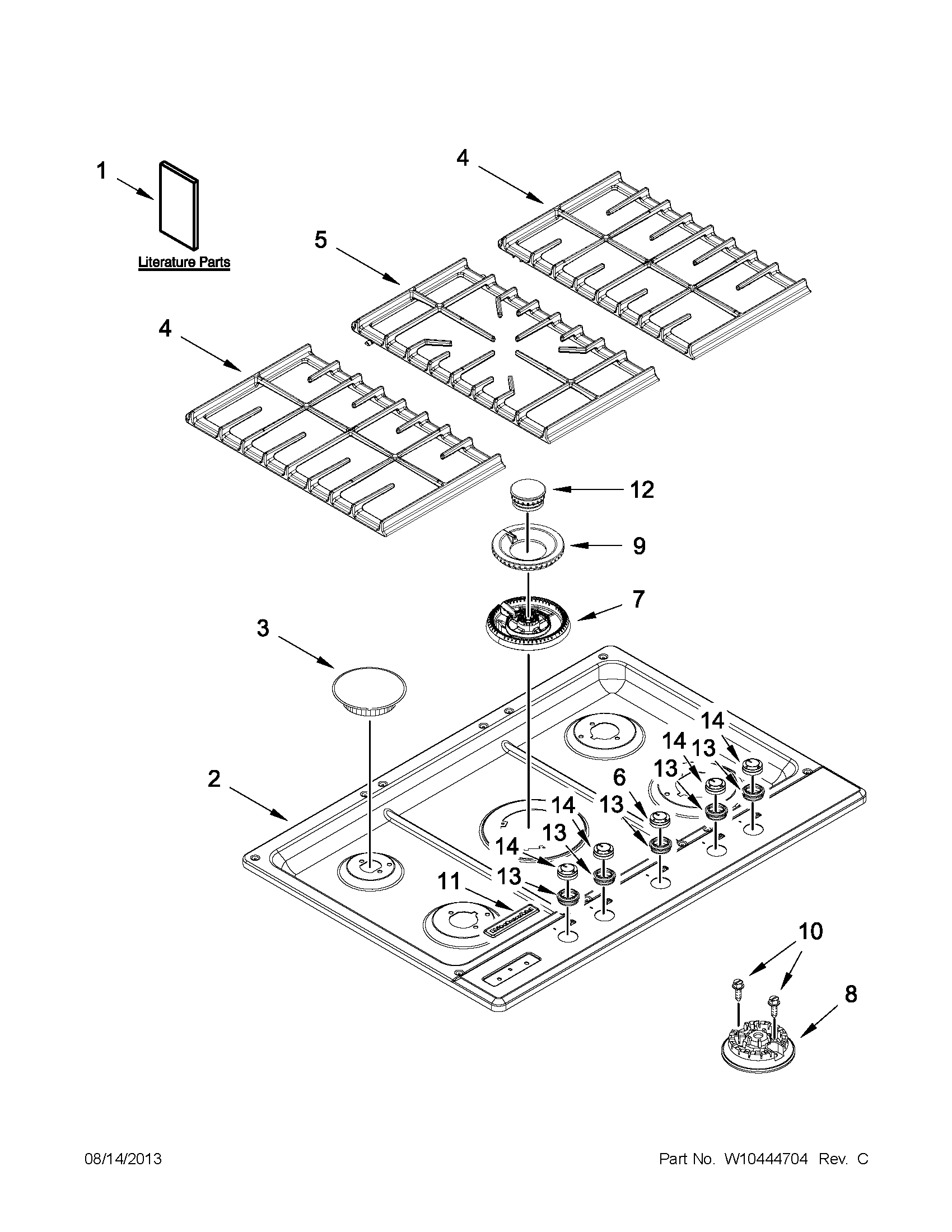 KitchenAid KFGU766VSS02 cooktop, burner and grate parts diagram
