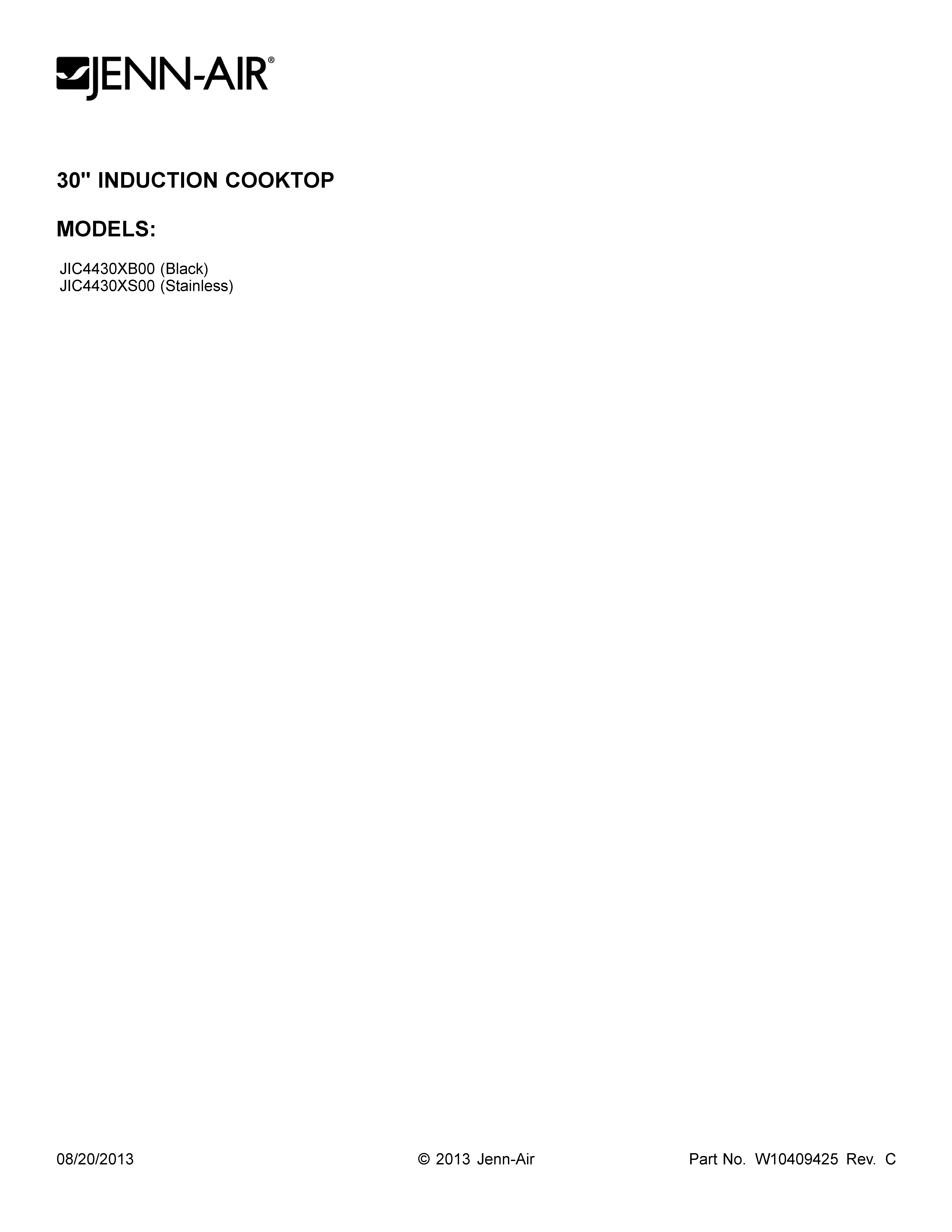 Jenn-Air JIC4430XS00 cover sheet diagram