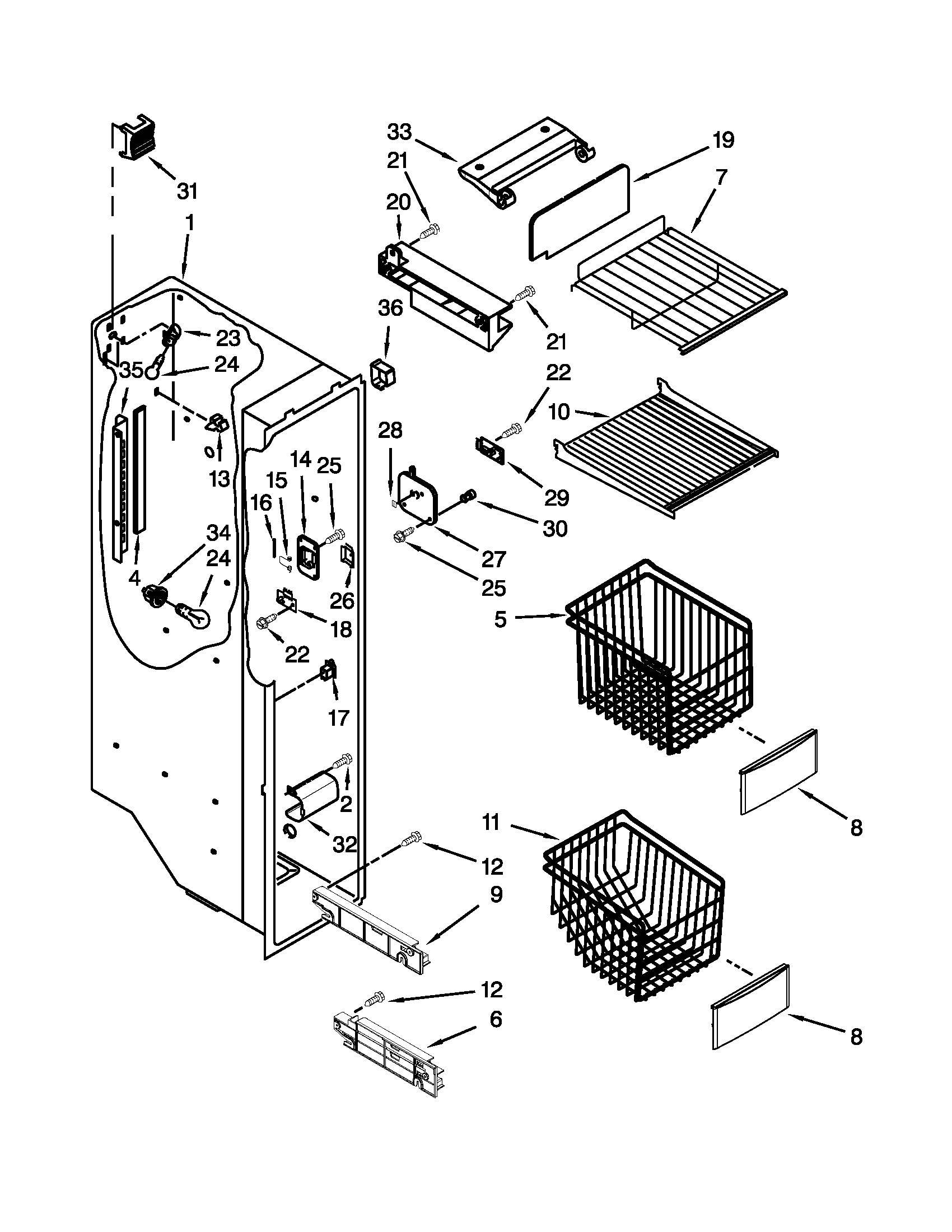 KitchenAid KSRT25FWBL00 freezer liner parts diagram