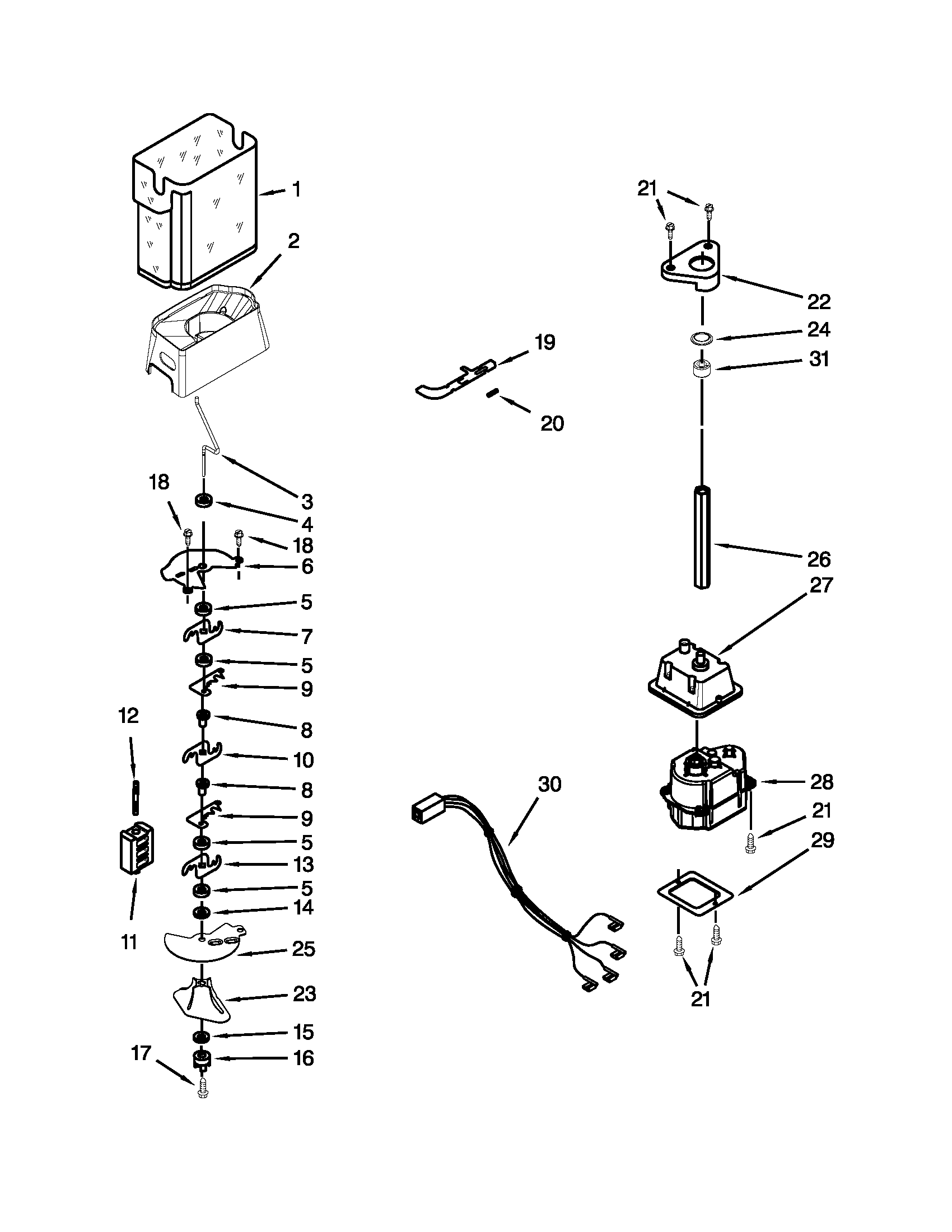 KitchenAid KSRT25FWBL00 motor and ice container parts diagram