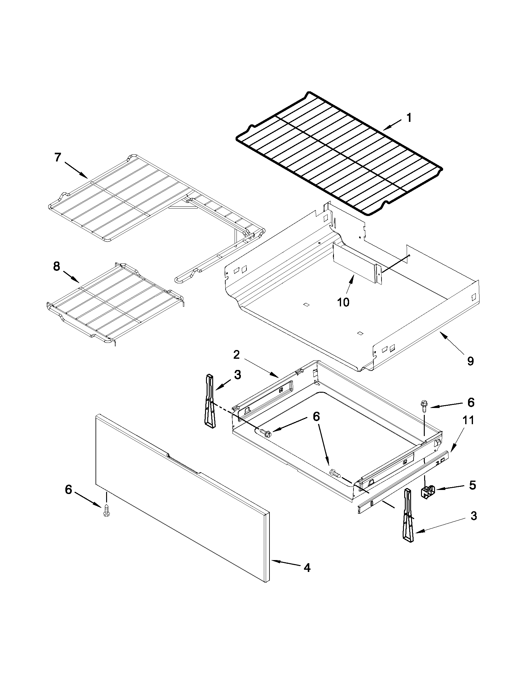 Whirlpool YWFE710H0BS0 drawer and rack parts diagram