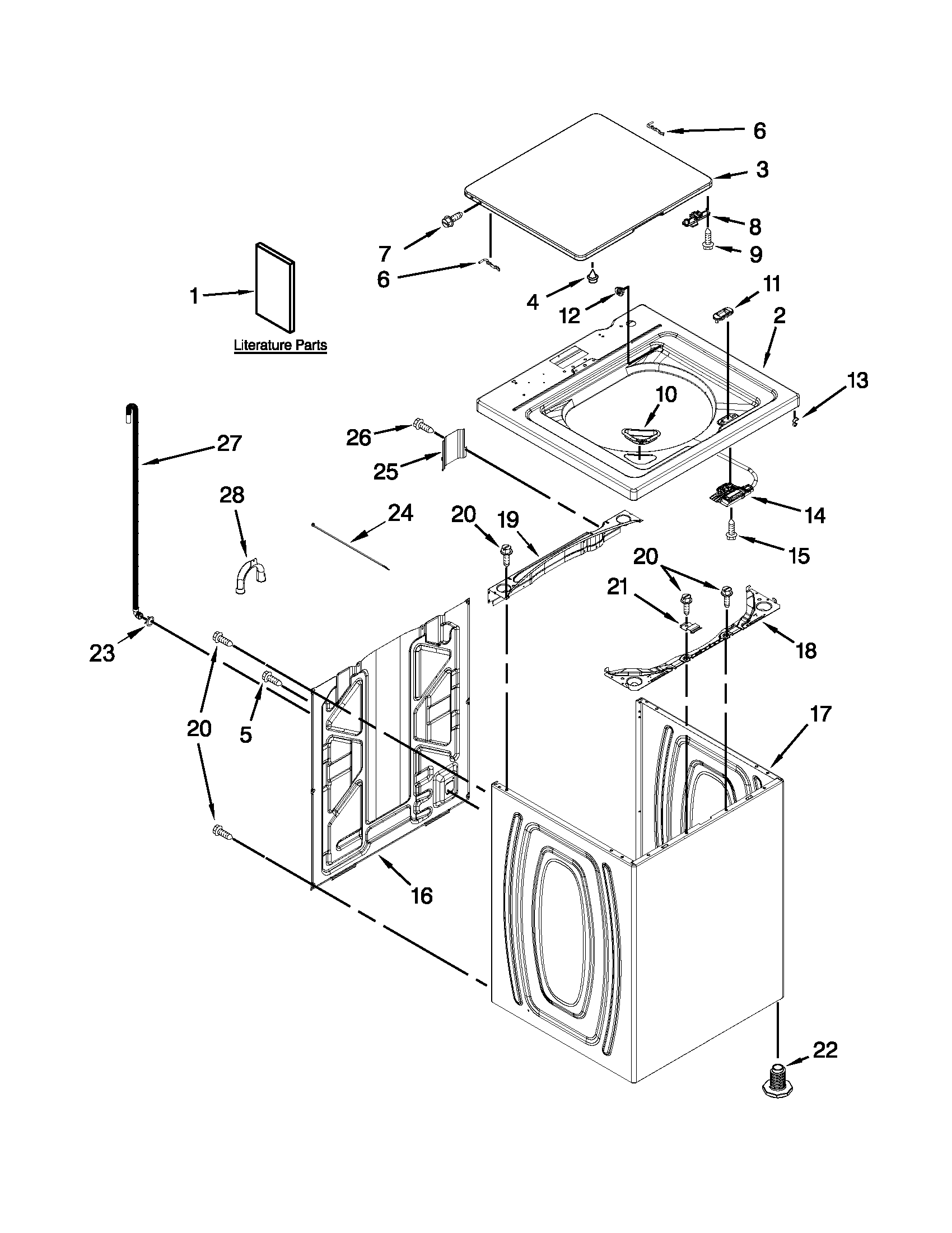 Whirlpool 7MWTW1706BM0 top and cabinet parts diagram