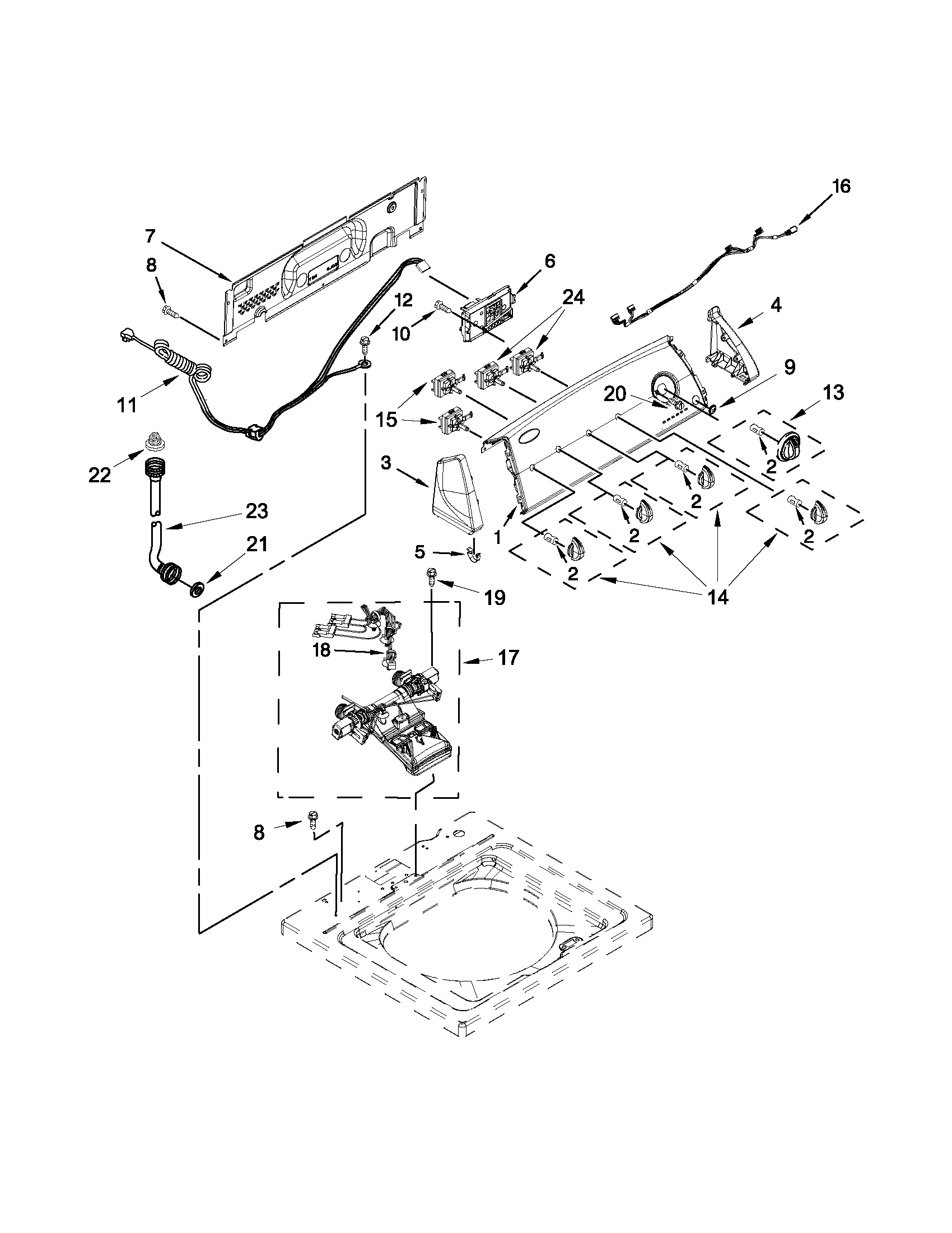 Whirlpool 7MWTW1706BM0 controls and water inlet parts diagram