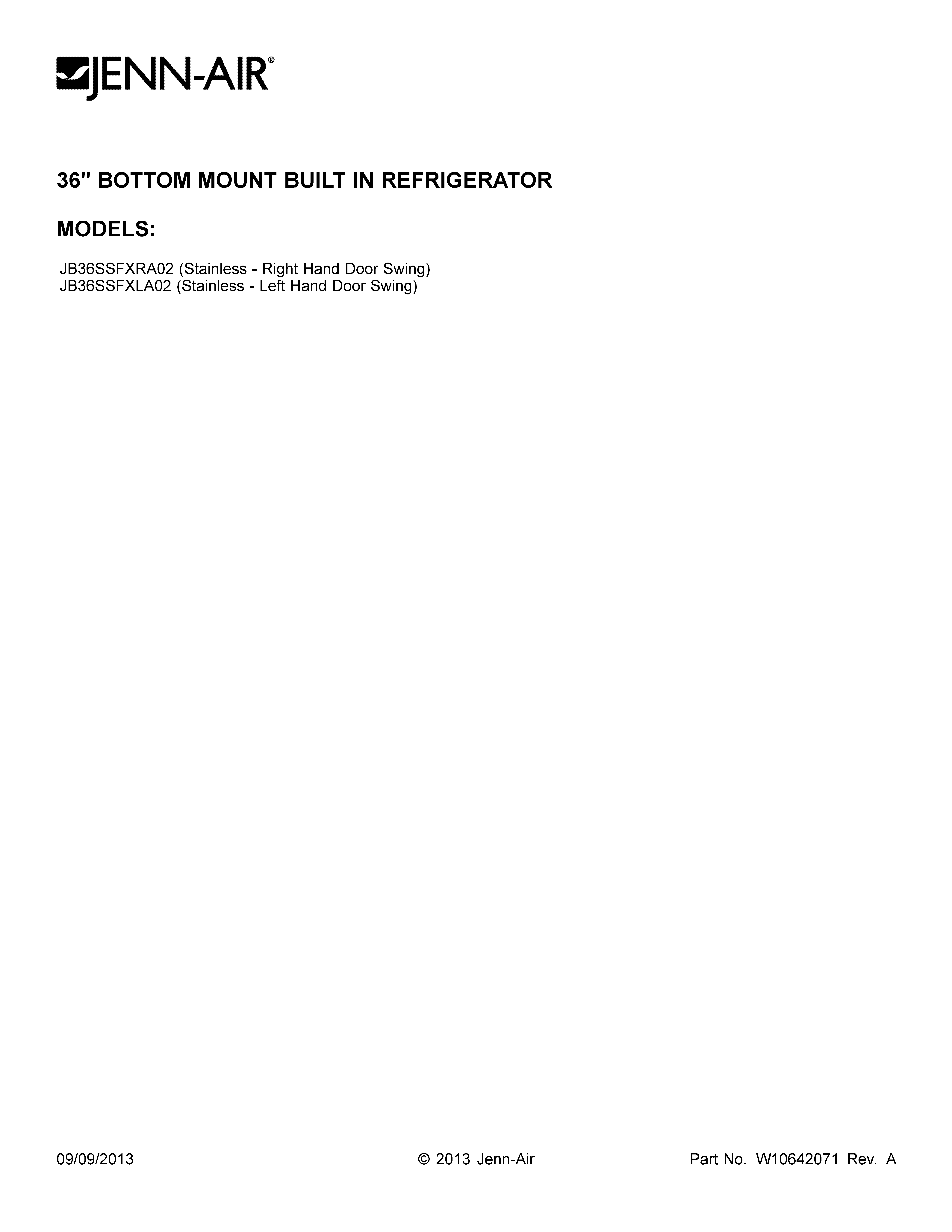 Jenn-Air JB36SSFXRA02 cover sheet diagram