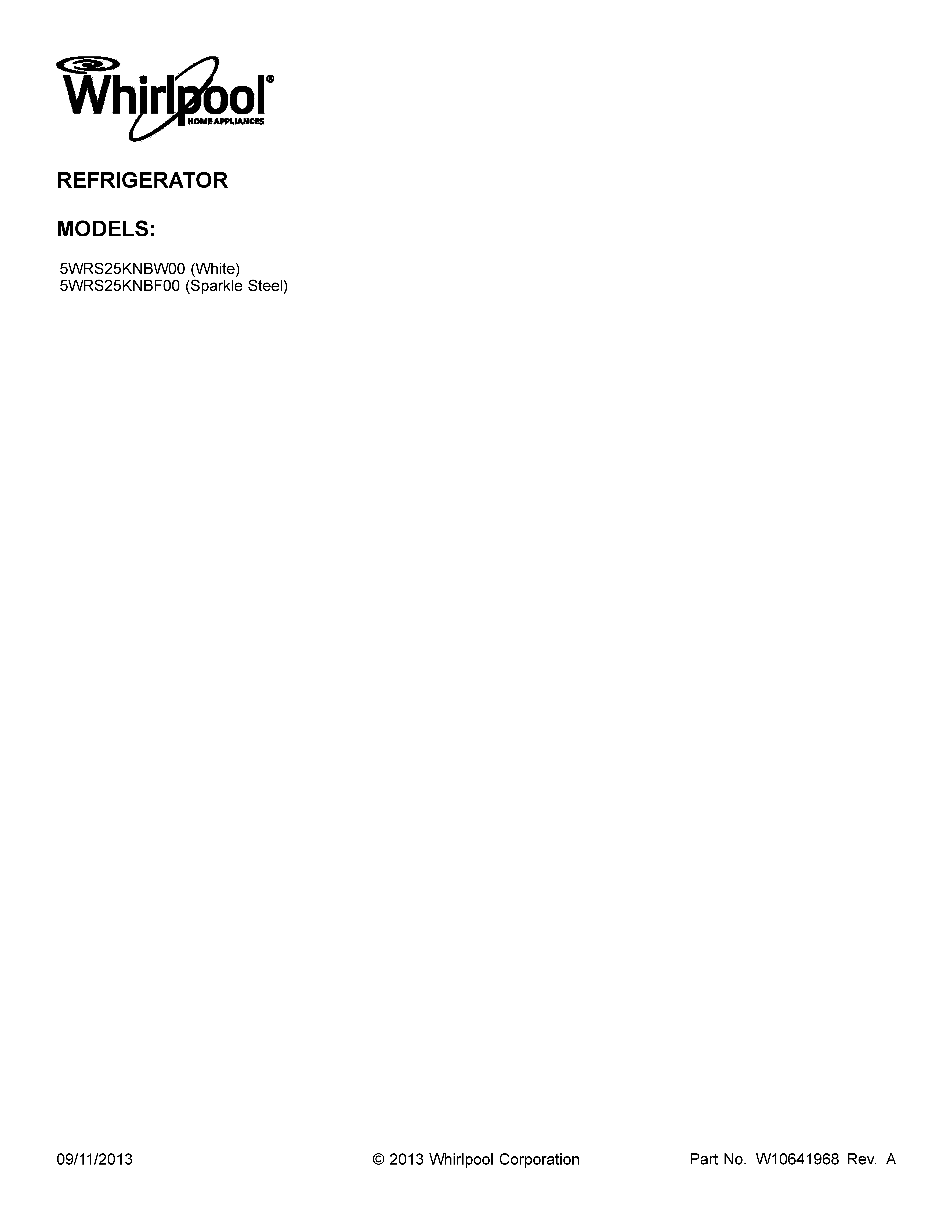 Whirlpool 5WRS25KNBW00 cover sheet diagram