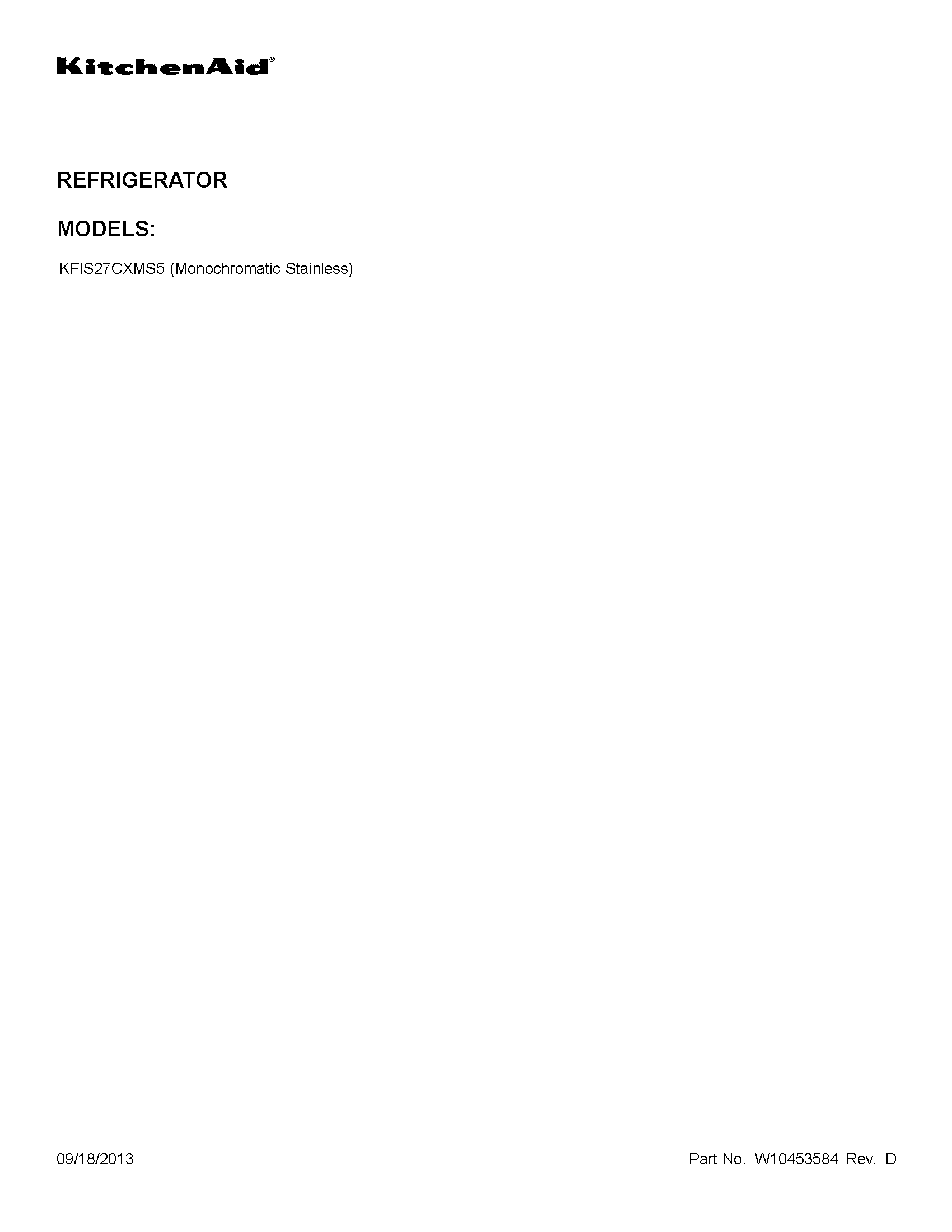 KitchenAid KFIS27CXMS5 cover sheet diagram