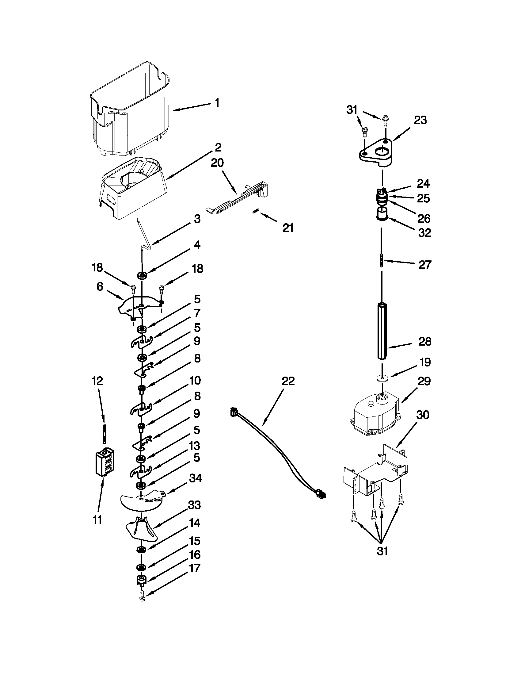 Whirlpool GS6NVEXVQ01 motor and ice container parts diagram