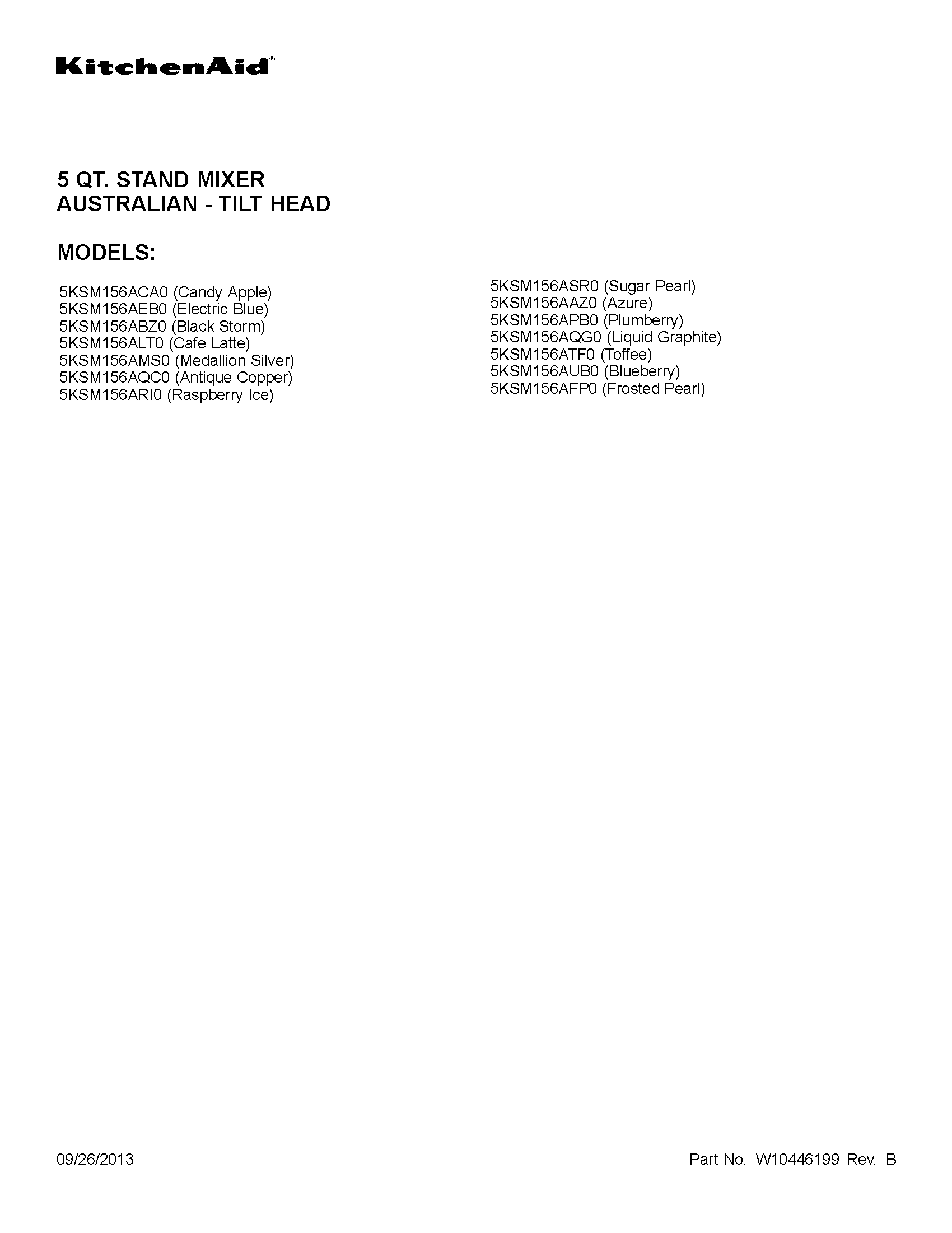 KitchenAid 5KSM156AAZ0 cover sheet diagram