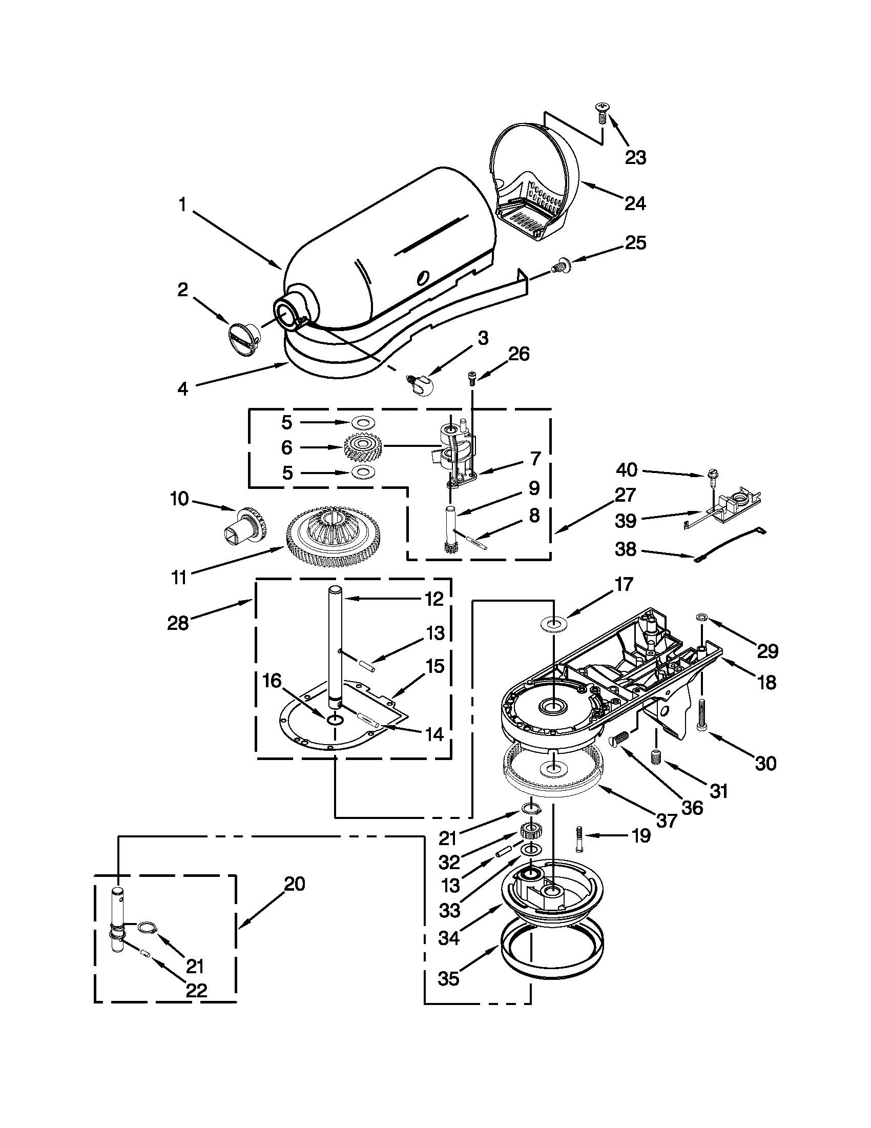 KitchenAid 5KSM156AAZ0 case, gearing and planetary unit diagram