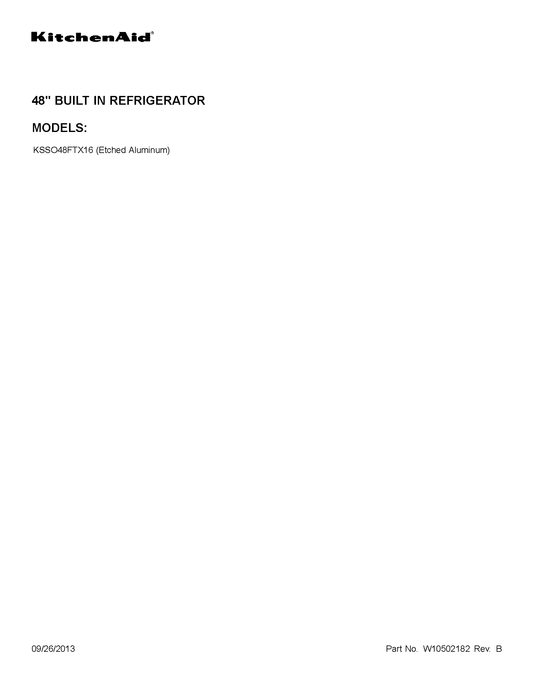 KitchenAid KSSO48FTX16 cover sheet diagram