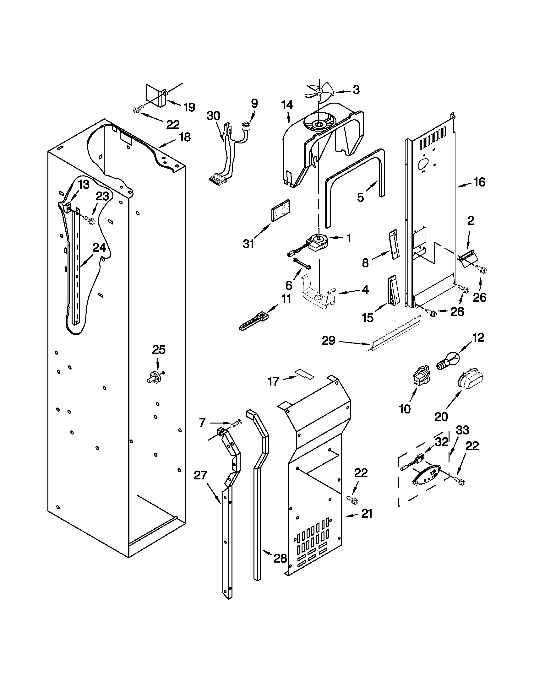 KitchenAid KSSO48FTX16 freezer liner and air flow parts diagram