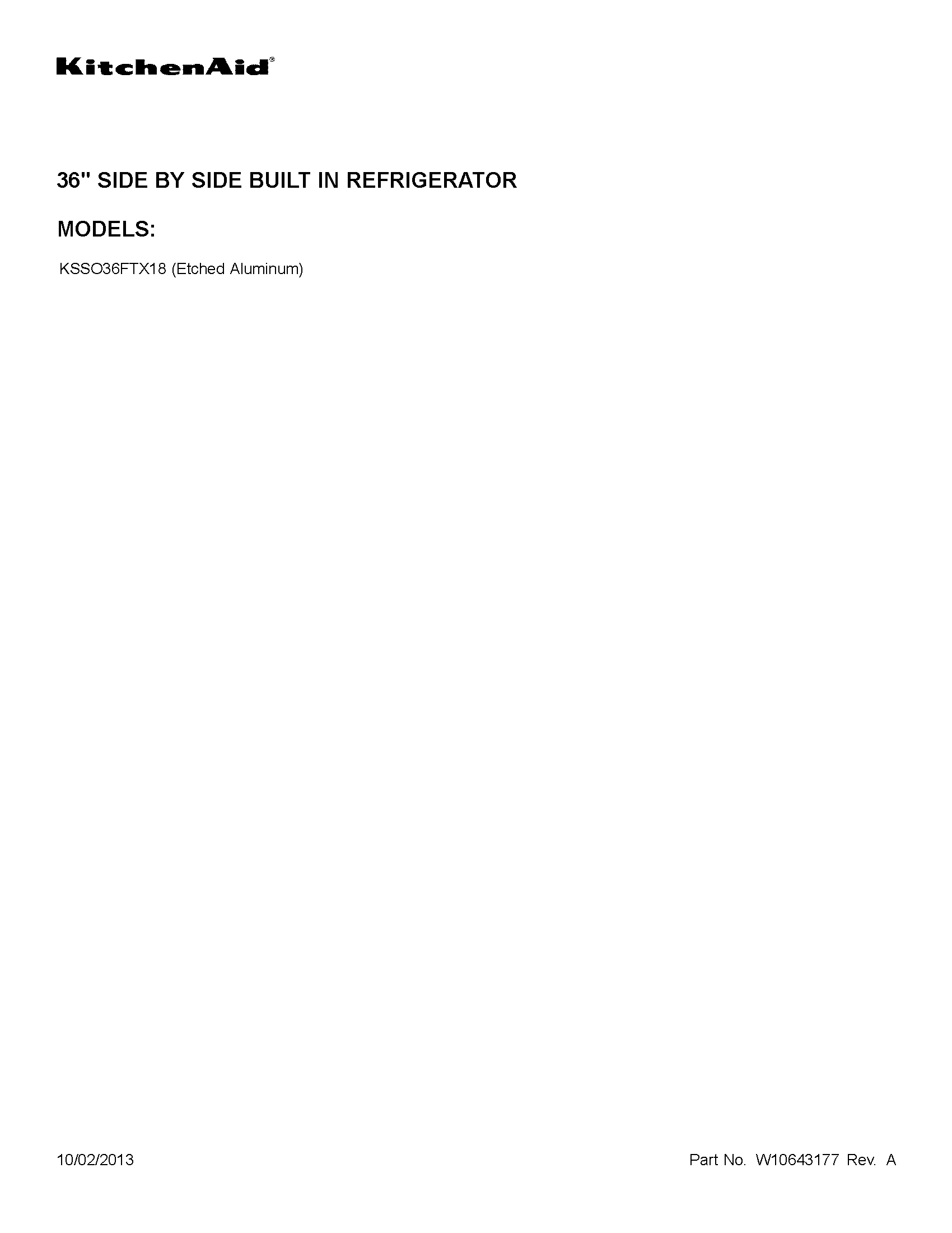 KitchenAid KSSO36FTX18 cover sheet diagram