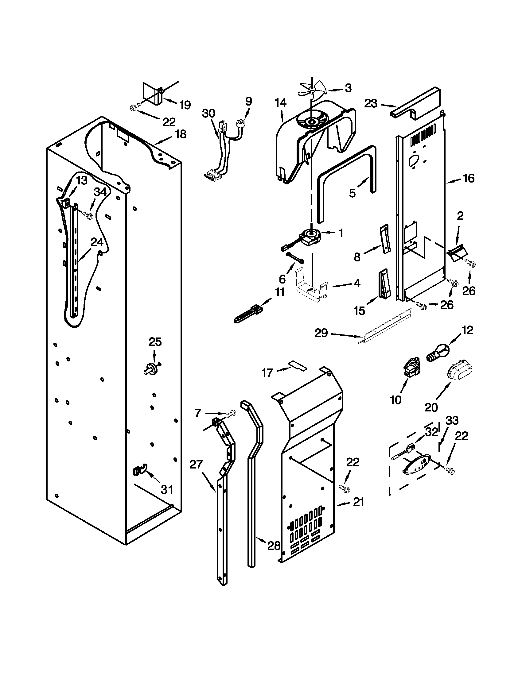 KitchenAid KSSO36FTX18 freezer liner and air flow parts diagram
