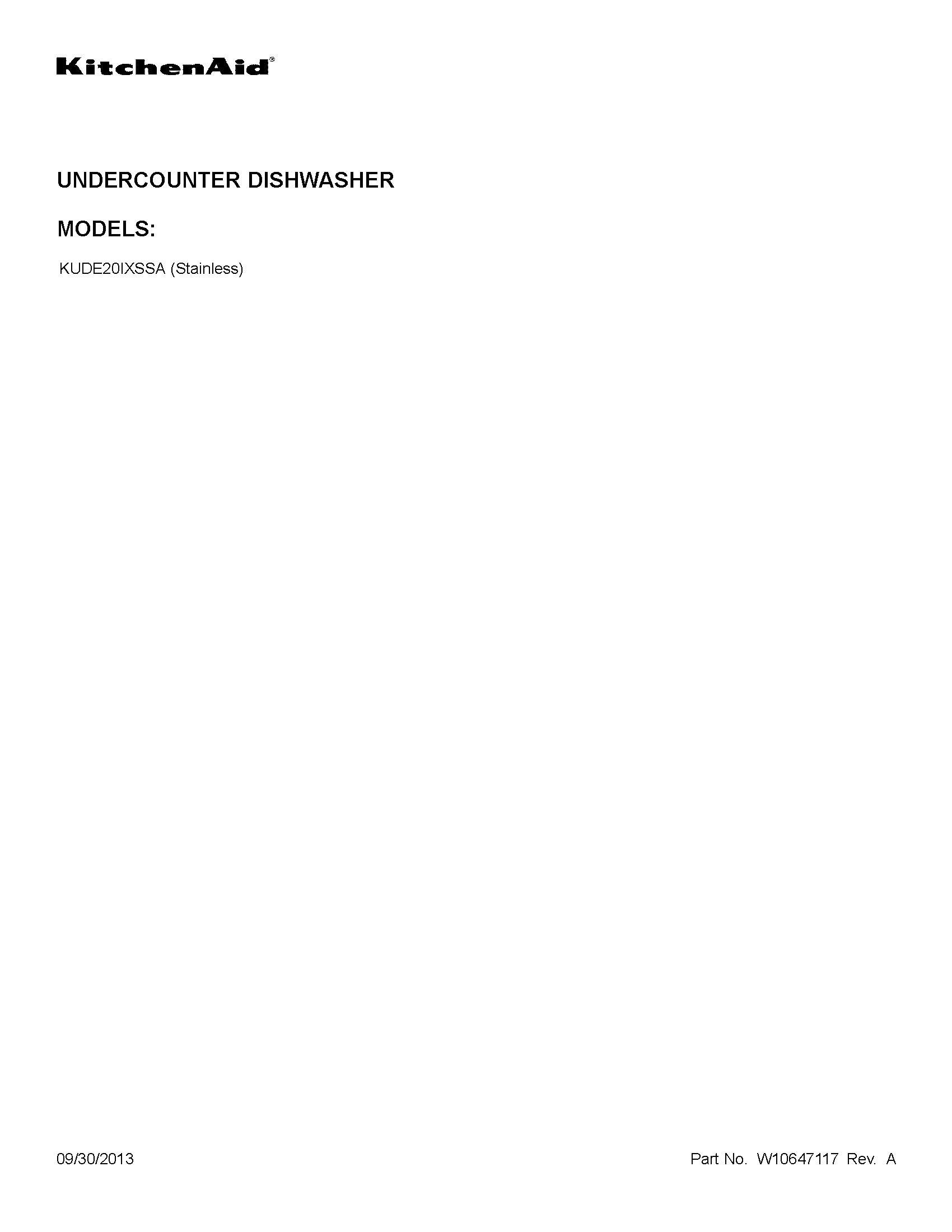 KitchenAid KUDE20IXSSA cover sheet diagram