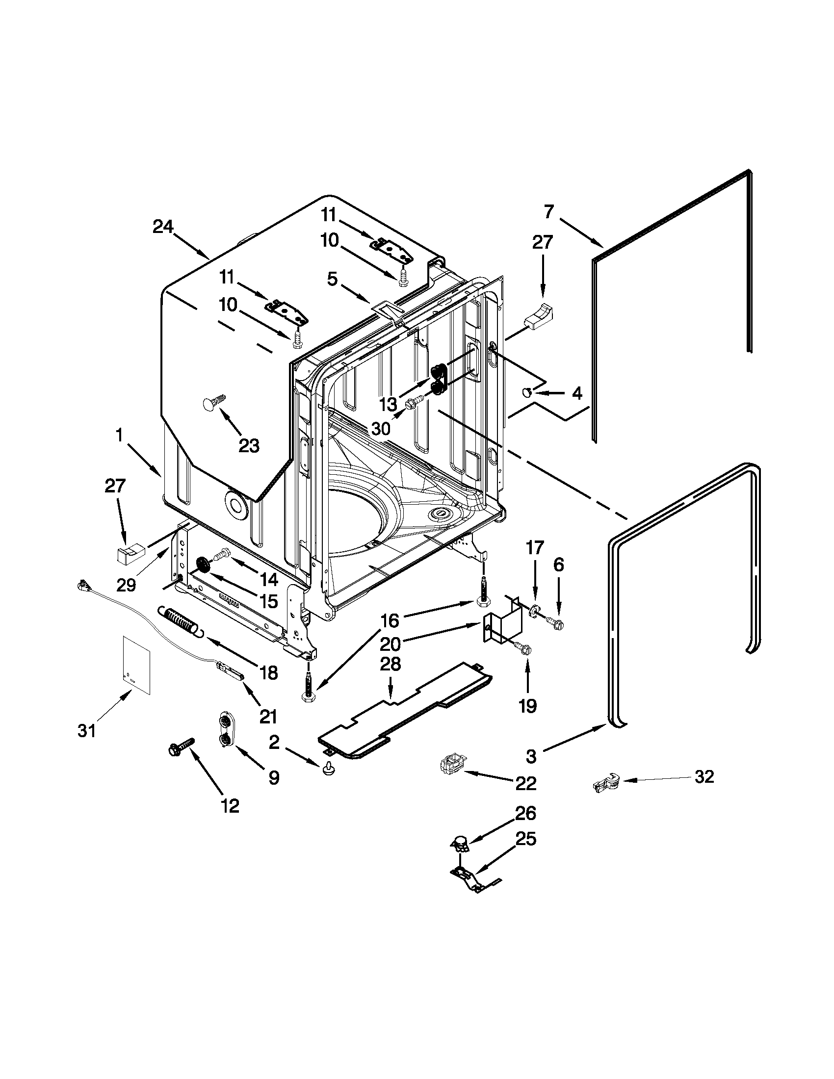 KitchenAid KUDE20IXSSA tub and frame parts diagram