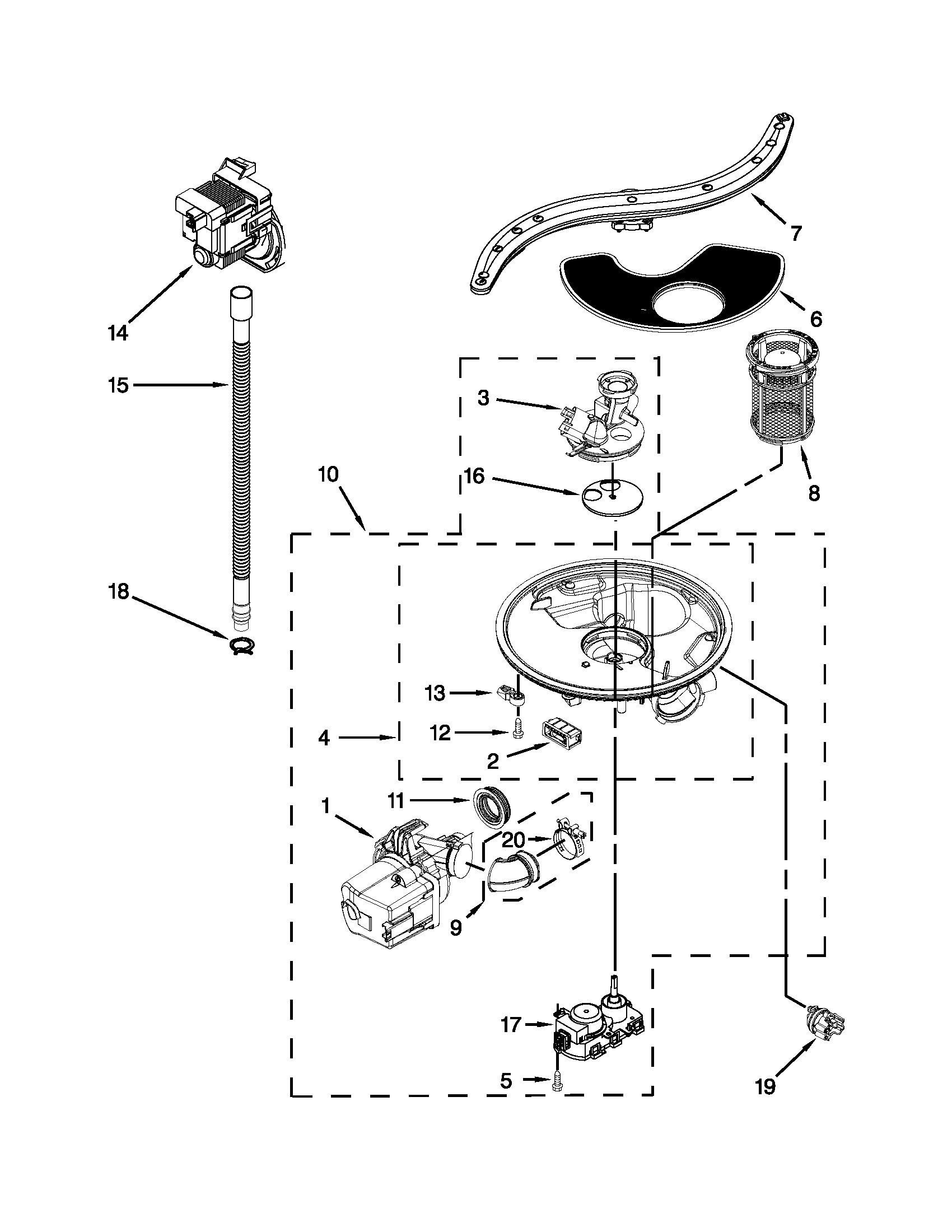 KitchenAid KUDE20IXSSA pump, washarm and motor parts diagram