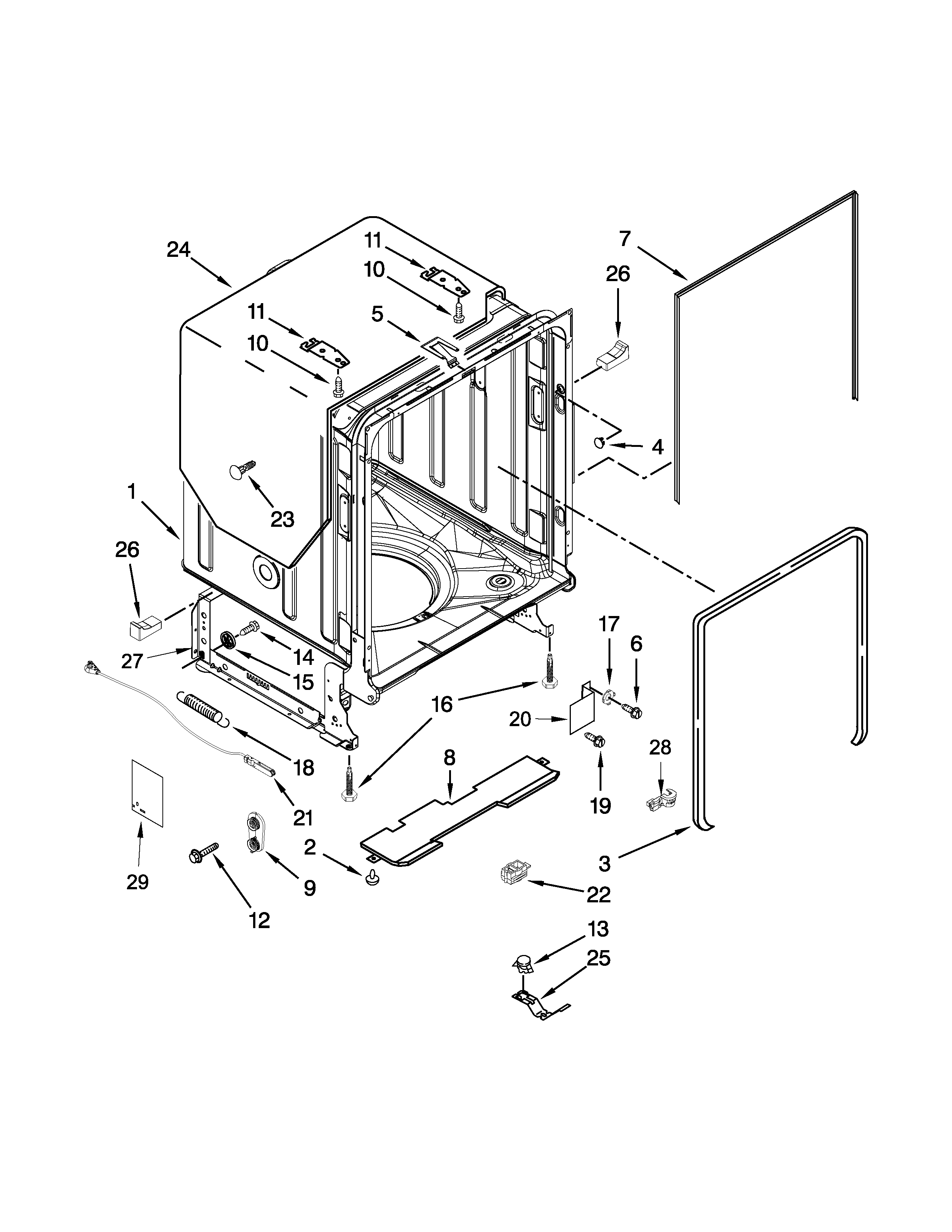 Jenn-Air JDB8500AWF3 tub and frame parts diagram