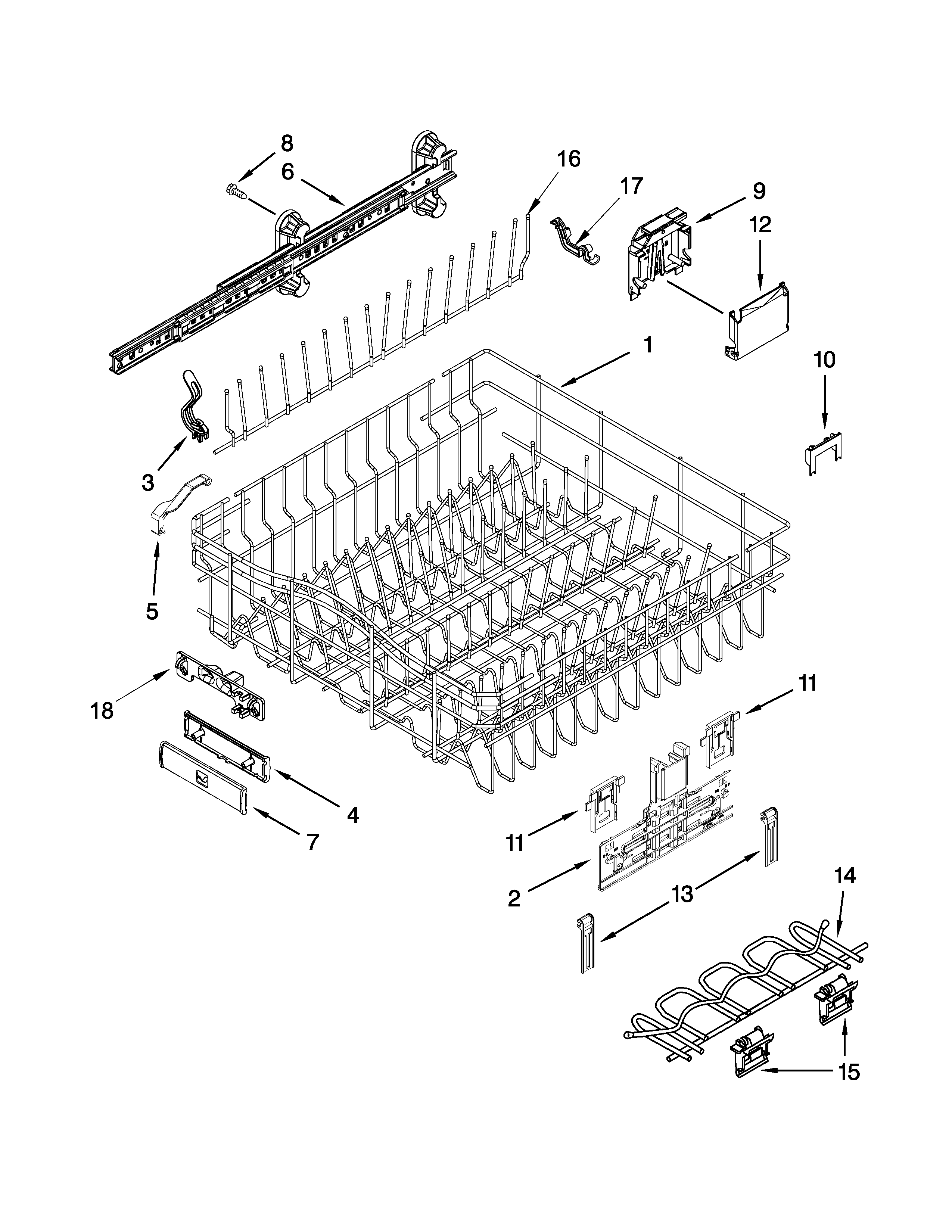 Jenn-Air JDB8500AWF3 upper rack and track parts diagram