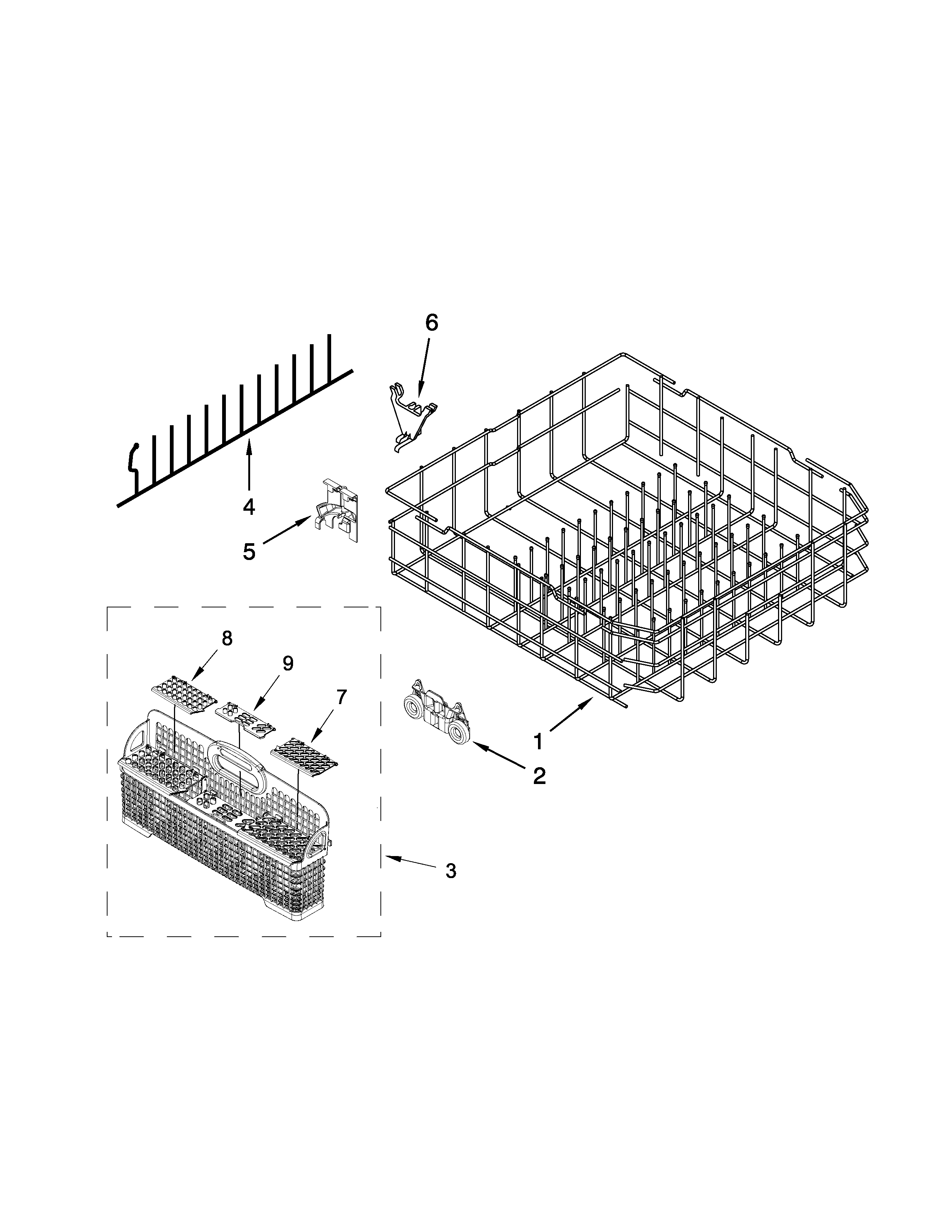 Jenn-Air JDB8500AWF3 lower rack parts diagram
