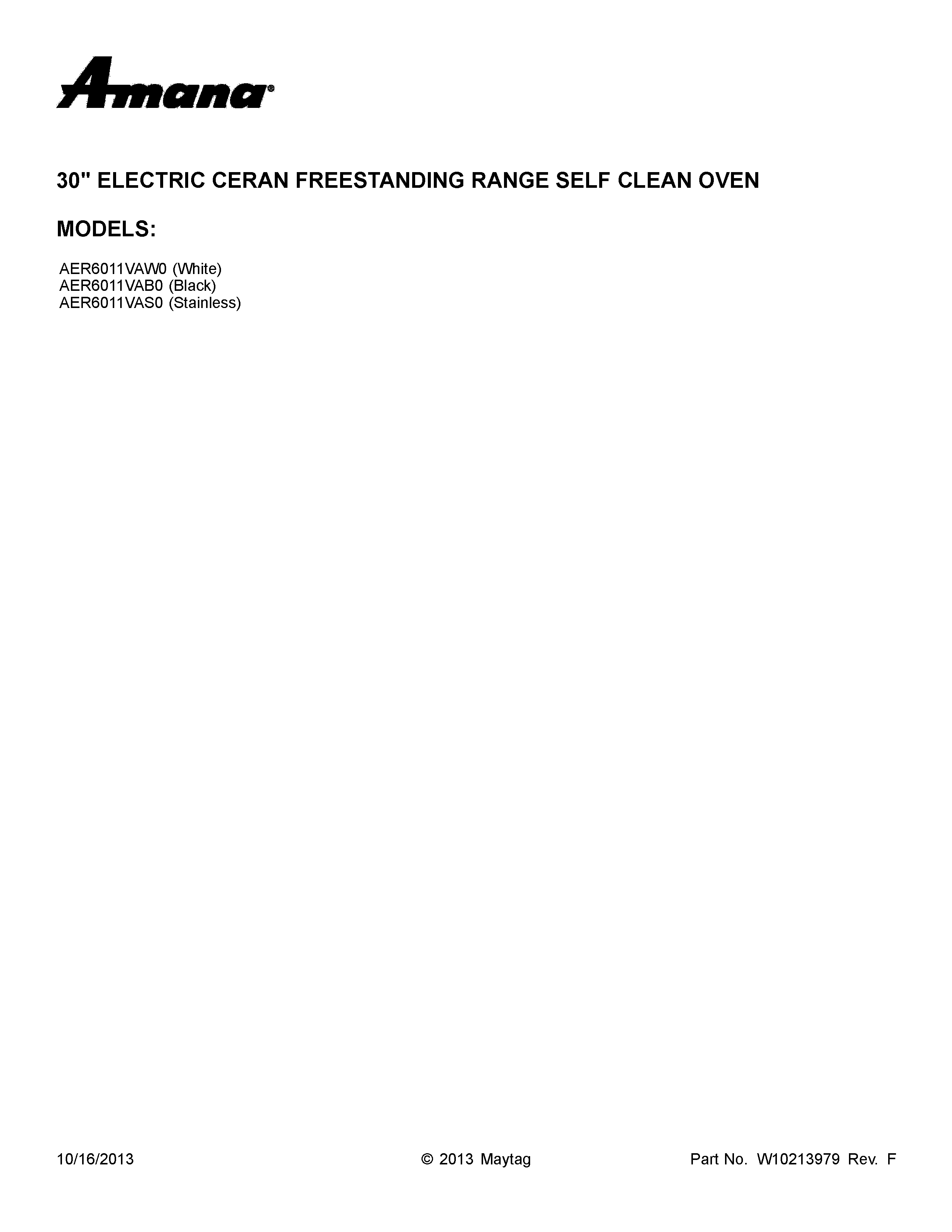 Amana AER6011VAW0 cover sheet diagram