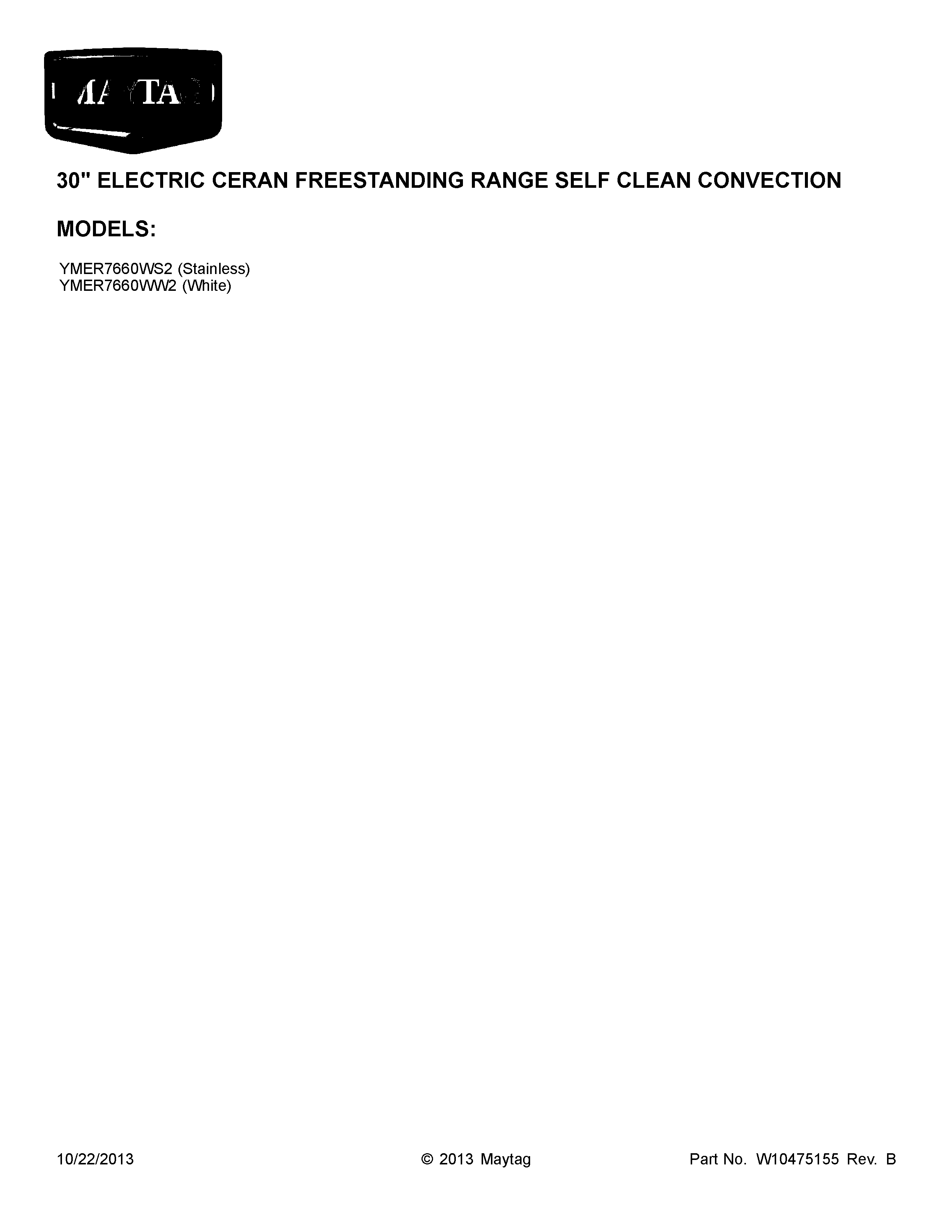 Maytag YMER7660WS2 cover sheet diagram