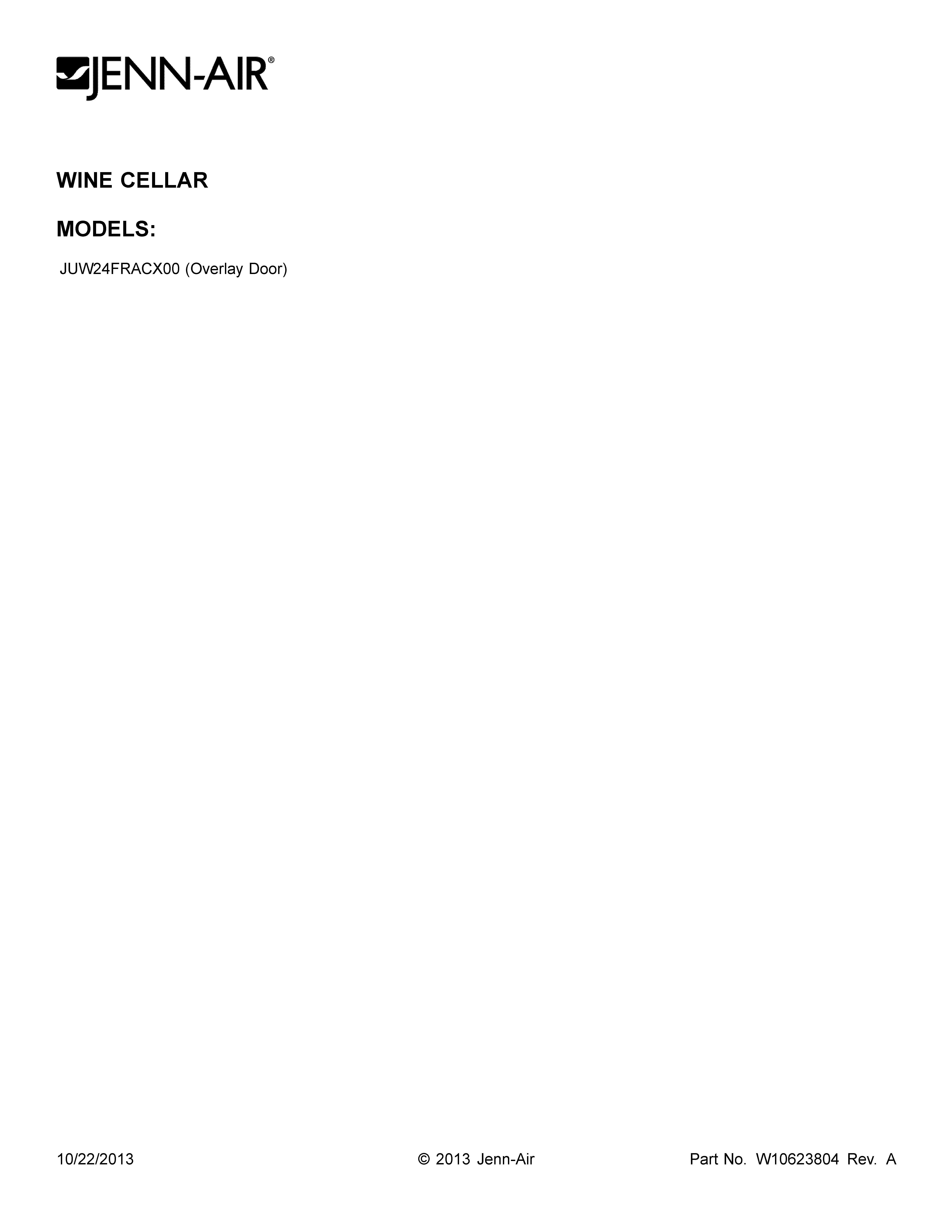 Jenn-Air JUW24FRACX00 cover sheet diagram