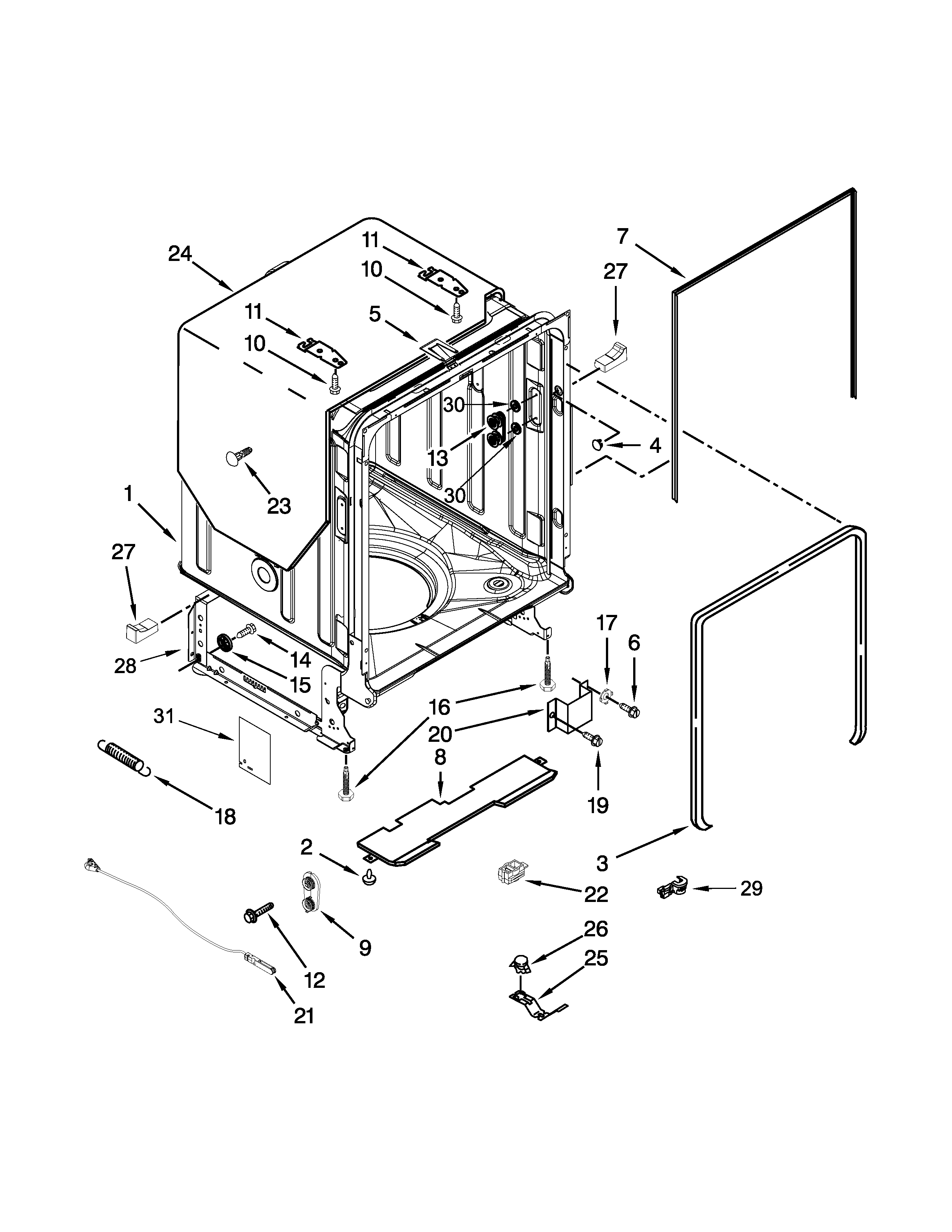 KitchenAid KUDE20FBWH1 tub and frame parts diagram